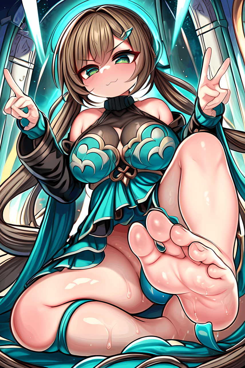 1girls 5_toes absurd_res absurdres ai_generated alternate_breast_size bare_legs barefoot big_breasts blush breasts brown_hair cleavage closed_mouth dress feet feet_up female female_focus female_only foopanthia foot_fetish foot_focus foot_play green_eyes hi_res highres honkai:_star_rail honkai_(series) legs legs_up looking_at_viewer presenting presenting_feet qingque_(honkai:_star_rail) sole_female soles sweat sweating sweaty tears thick thick_thighs toes twintails