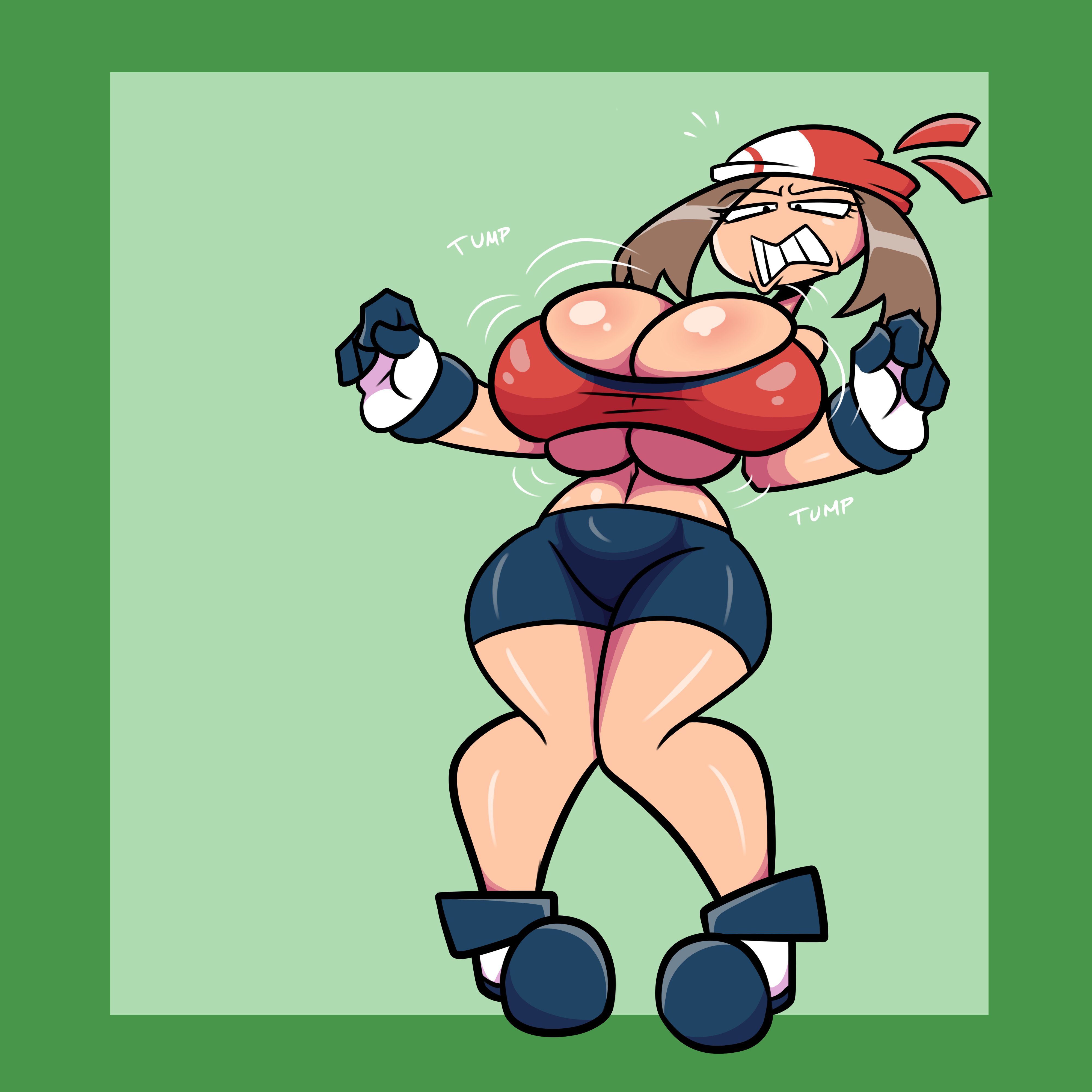 1girls, black shorts, breast expansion, breast growth, breast growth (enlargement), breasts, breasts bigger than head, brown hair, clothed, clothed female, clothing, female, female only, fujiweeb, gloves, huge breasts, light skin, light-skinned female, may (pokemon), medium hair, pokemon, red top, red topwear, shoes, short shorts