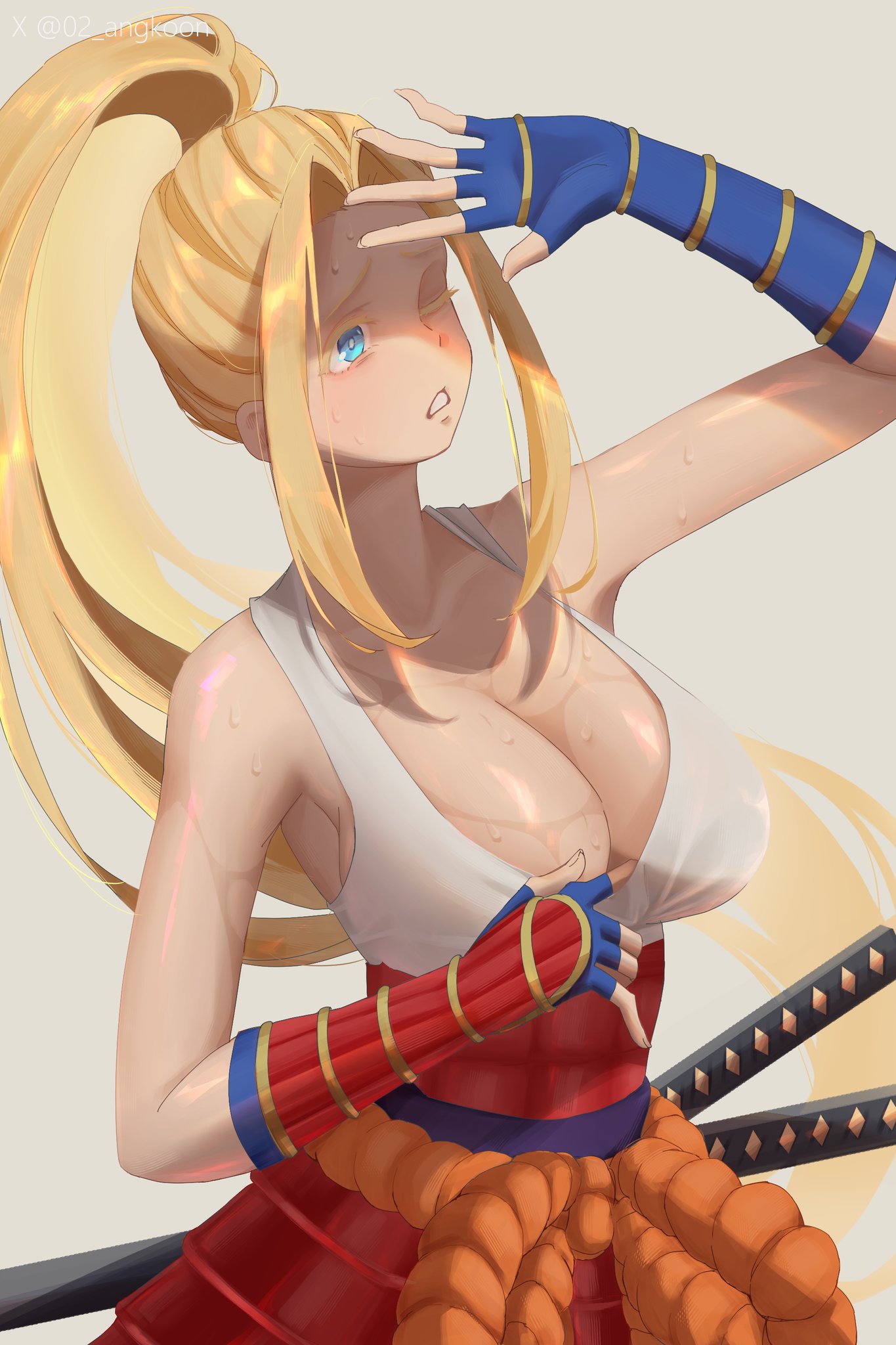 02 angkoon, 1girls, asian clothing, beatrix amerhauser, blonde hair, blonde-haired female, blue eyes, breasts, female, german female, light skin, light-skinned female, one eye closed, sweat, white female, zom 100: zombie ni naru made ni shitai 100 no koto