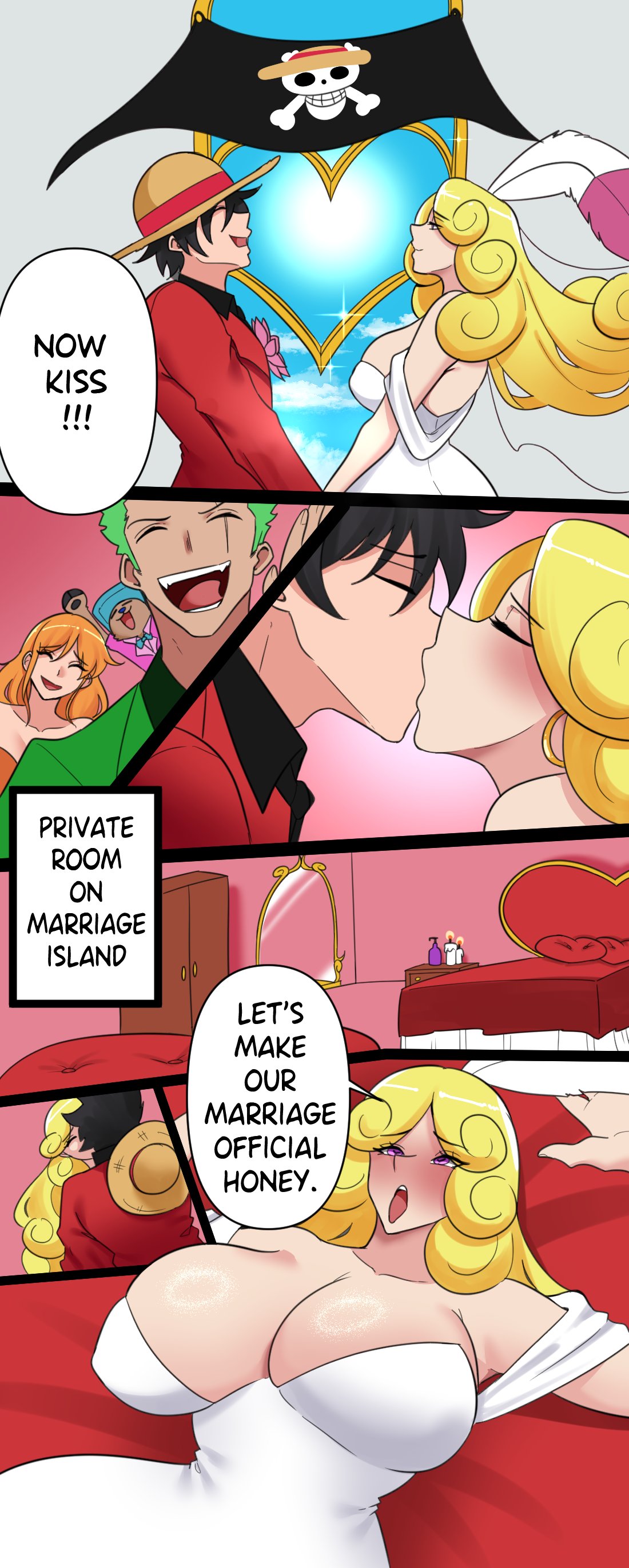 2girls 3boys ahe_gao big_breasts black_hair blonde_hair blue_nose blush cheering feather_in_hair female female_focus fur green_hair green_suit guabeyo heart-shaped_pupils honeymoon jolly_roger_(one_piece) kissing love_room male monkey_d_luffy nami nami_(one_piece) nyabeyo one_piece orange_dress orange_hair pink_eyes pink_suit pirate_flag pointy_nose post-timeskip red_suit roronoa_zoro sarie_nantokanette scar scar_across_eye straw_hats_pirates_jolly_roger tony_tony_chopper wavy_hair wedding_dress wedding_gown