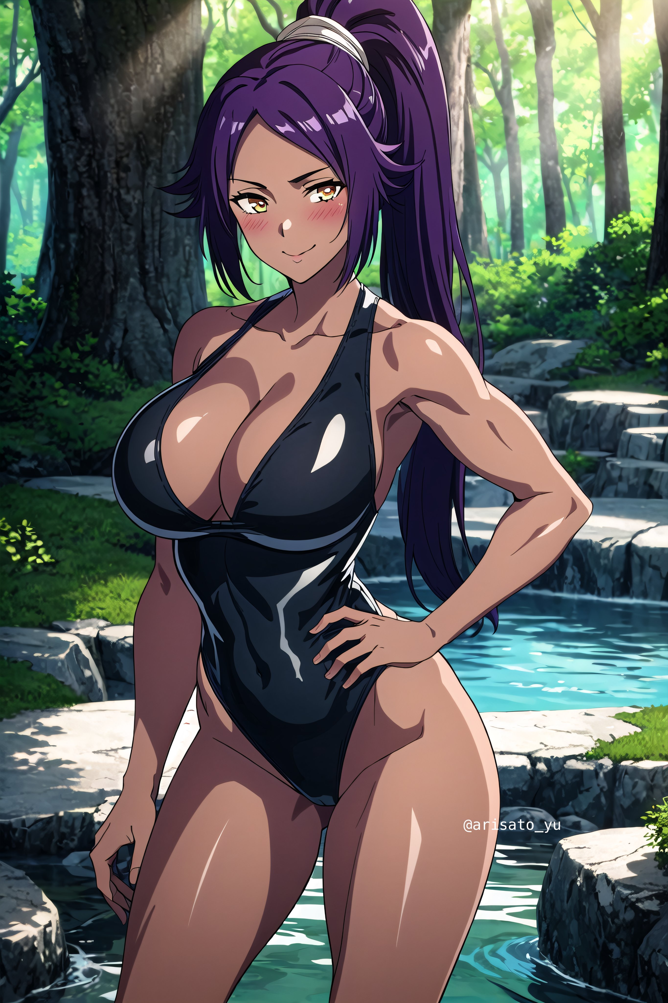 ai generated, arisato yu, bleach, breasts, female, female only, looking at viewer, nai diffusion, shihouin yoruichi, solo, stable diffusion, tagme