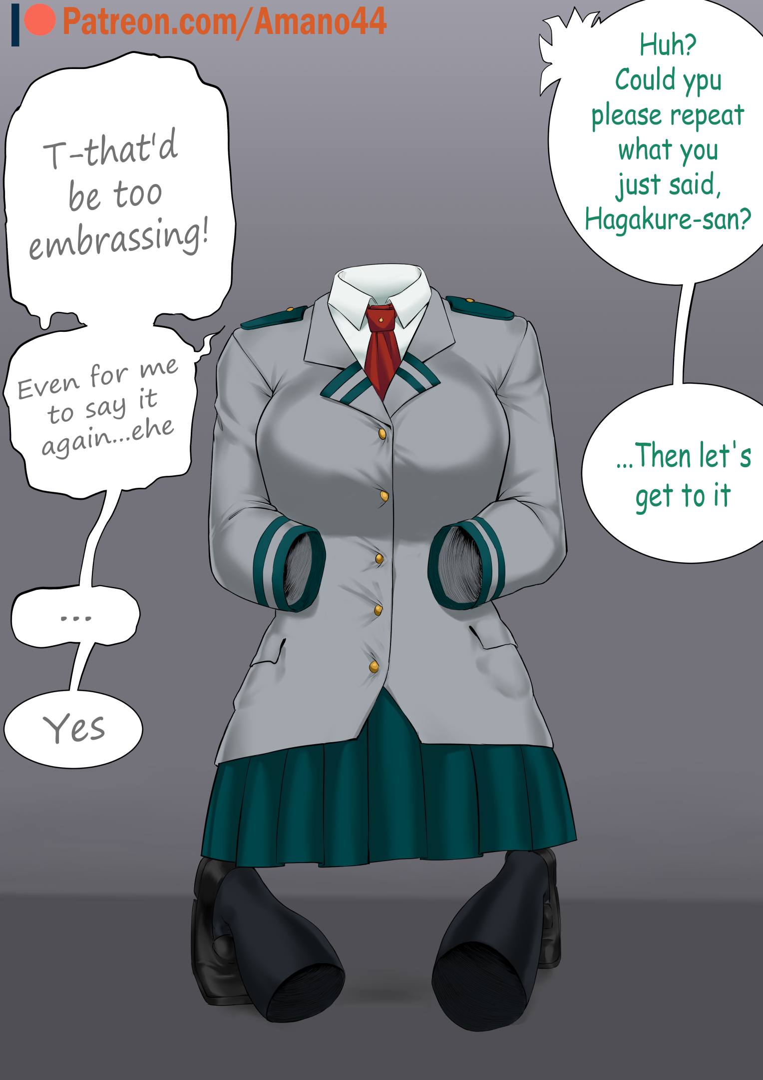 amano44, female, invisible, invisible girl, izuku midoriya, my hero academia, school uniform, tooru hagakure, tooru hagakure (invisible), uniform, unseen character