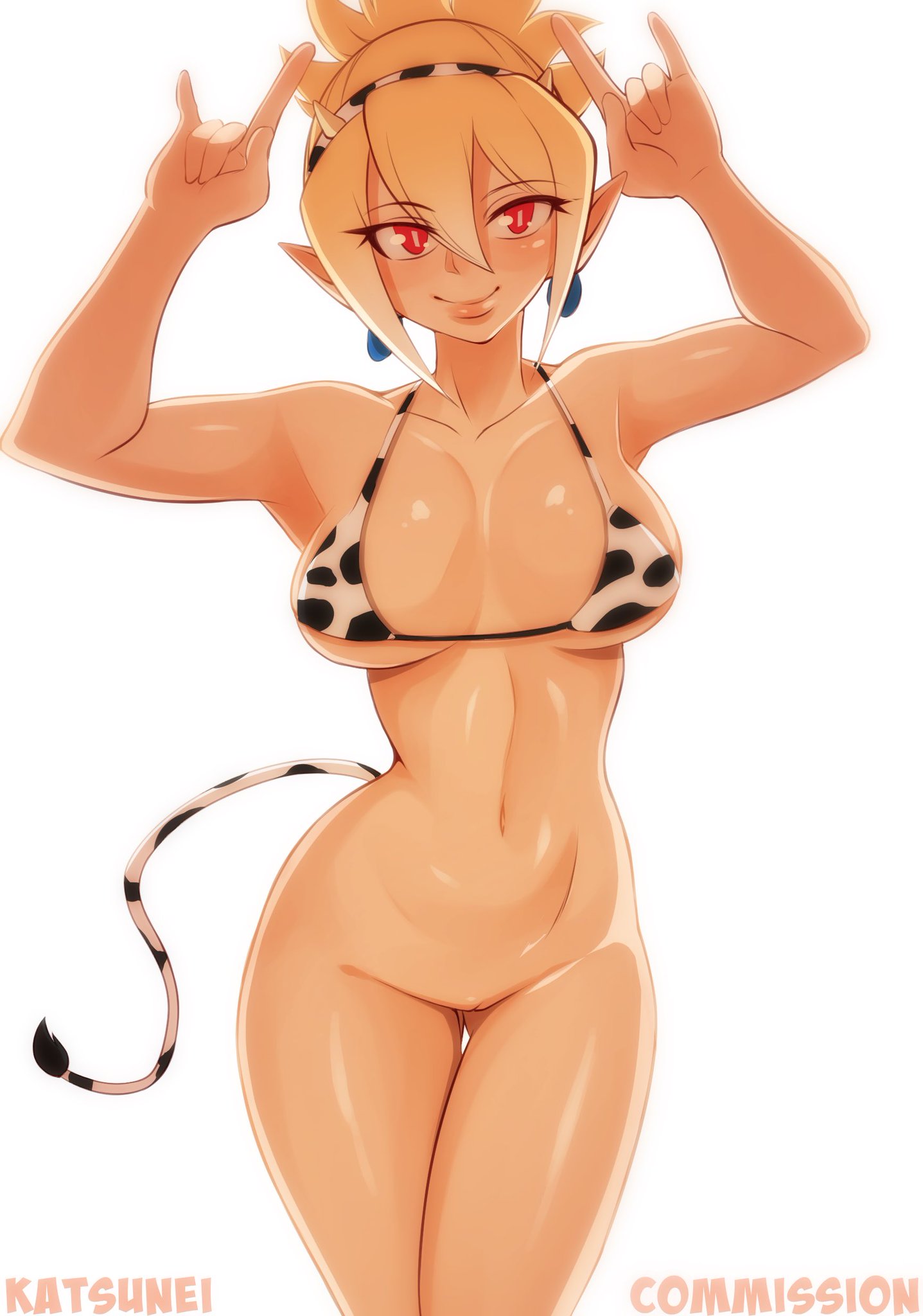 bikini_top bottomless bottomless_female breasts cow_headband cow_print cow_print_bikini cow_tail disgaea disgaea_2 katsunei large_breasts nippon_ichi_software pussy rozalin