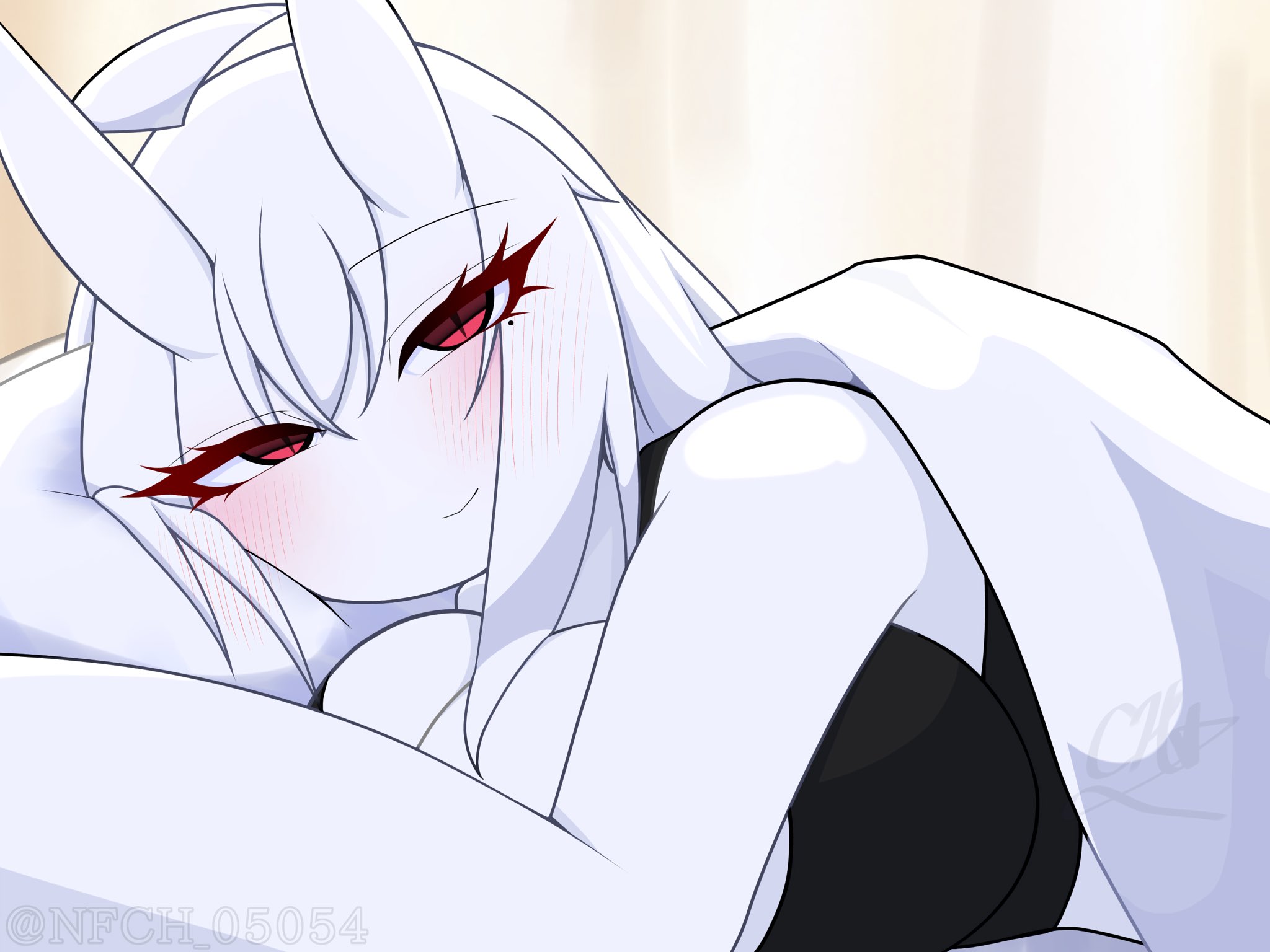 artist signature, black bra, blush, breasts, cute, female, haku (nfch 05054), horns, nfch 05054, oc, smile, smirk, tagme, white body, white hair, wholesome