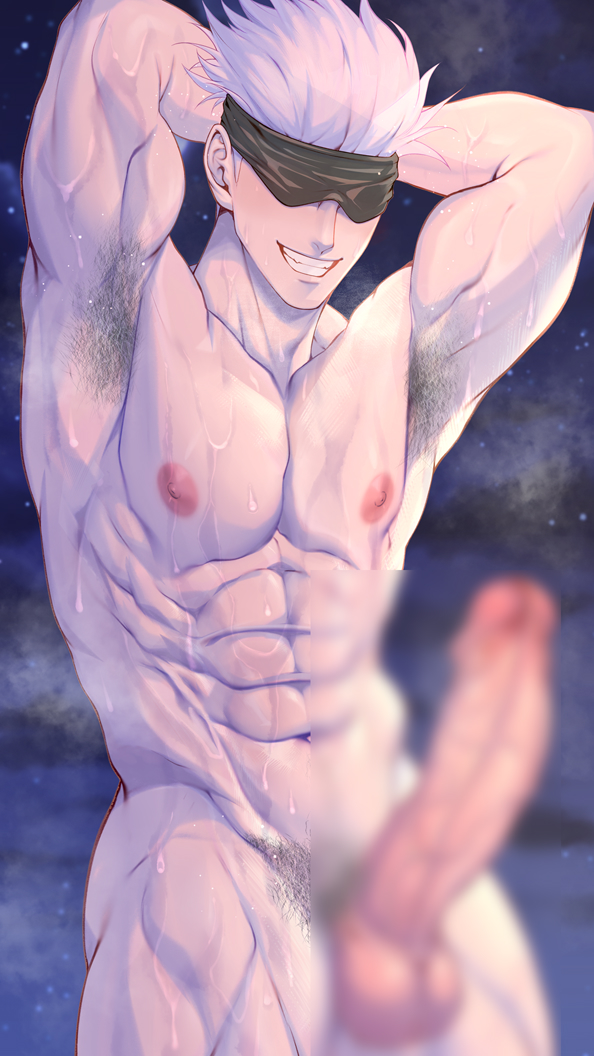 1boy abs armpit_hair armpits arms_behind_head bara black_blindfold blindfold blur_censor censored commission completely_nude erection firenzesaika jujutsu_kaisen large_pectorals male_focus male_only male_pubic_hair muscular muscular_male navel nipples nude pectorals penis pixiv_commission pubic_hair satoru_gojo short_hair smile solo solo_male spiked_hair teeth testicles white_hair