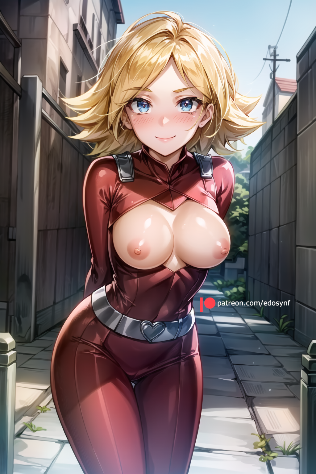 1girls ahoge ai_generated alley arms_behind_back bangs belt blonde_hair blue_eyes blush blushing_at_viewer bodysuit boob_window breastless_clothes breastless_clothing breasts breasts_out building casual_nudity city closed_mouth clover_(totally_spies) cowboy_shot day edosynf female happy_female heroine highres large_breasts leaning_forward looking_at_viewer medium_breasts nipples open_bodysuit outdoors parted_bangs public_indecency red_bodysuit road short_hair skin_tight slight_blush smile solo spiky_hair standing street thigh_gap totally_spies upwing_bell