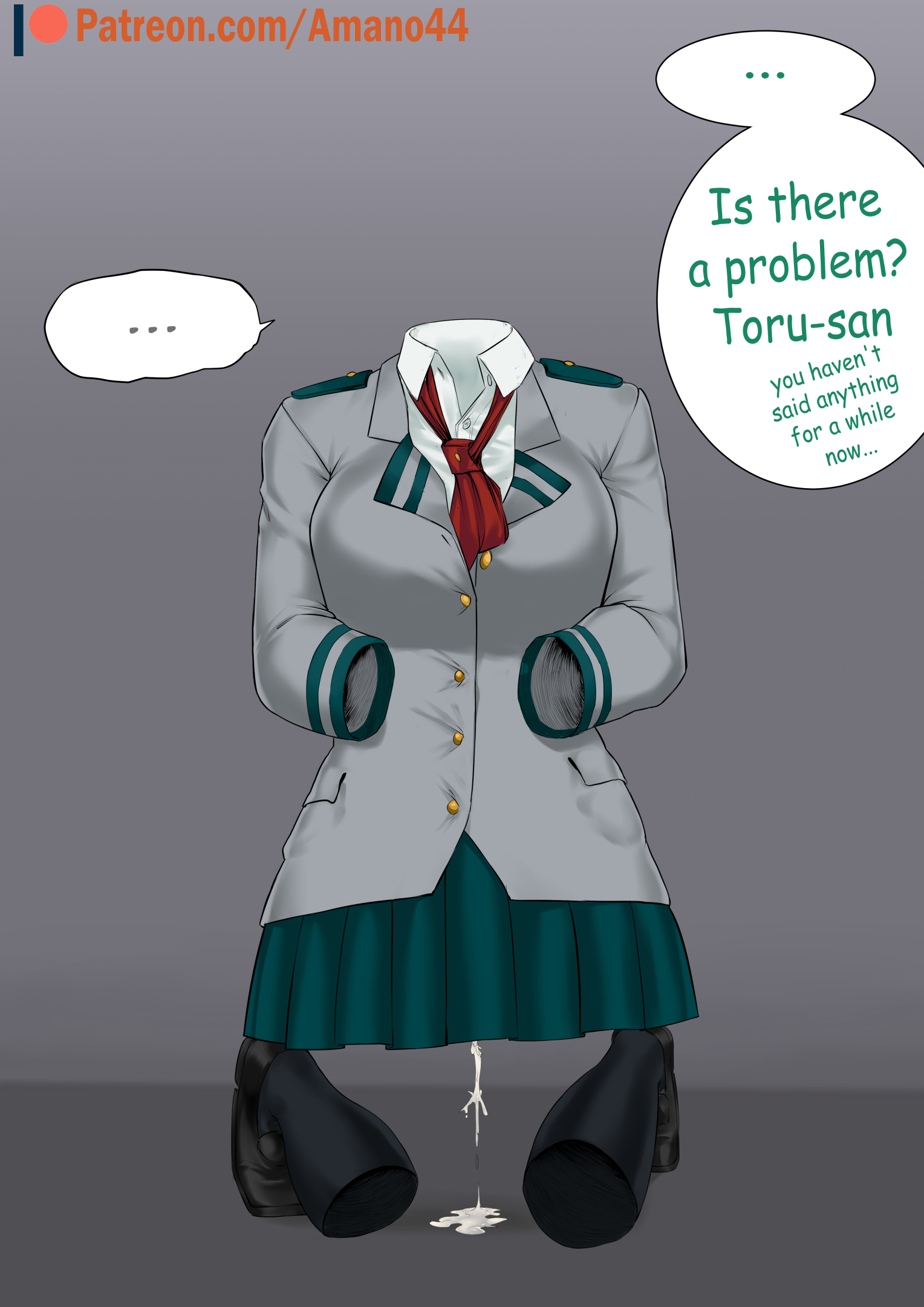 amano44, cum puddle, deku, female, invisible, invisible girl, izuku midoriya, leaking cum, my hero academia, school uniform, tooru hagakure, tooru hagakure (invisible), uniform, unseen character
