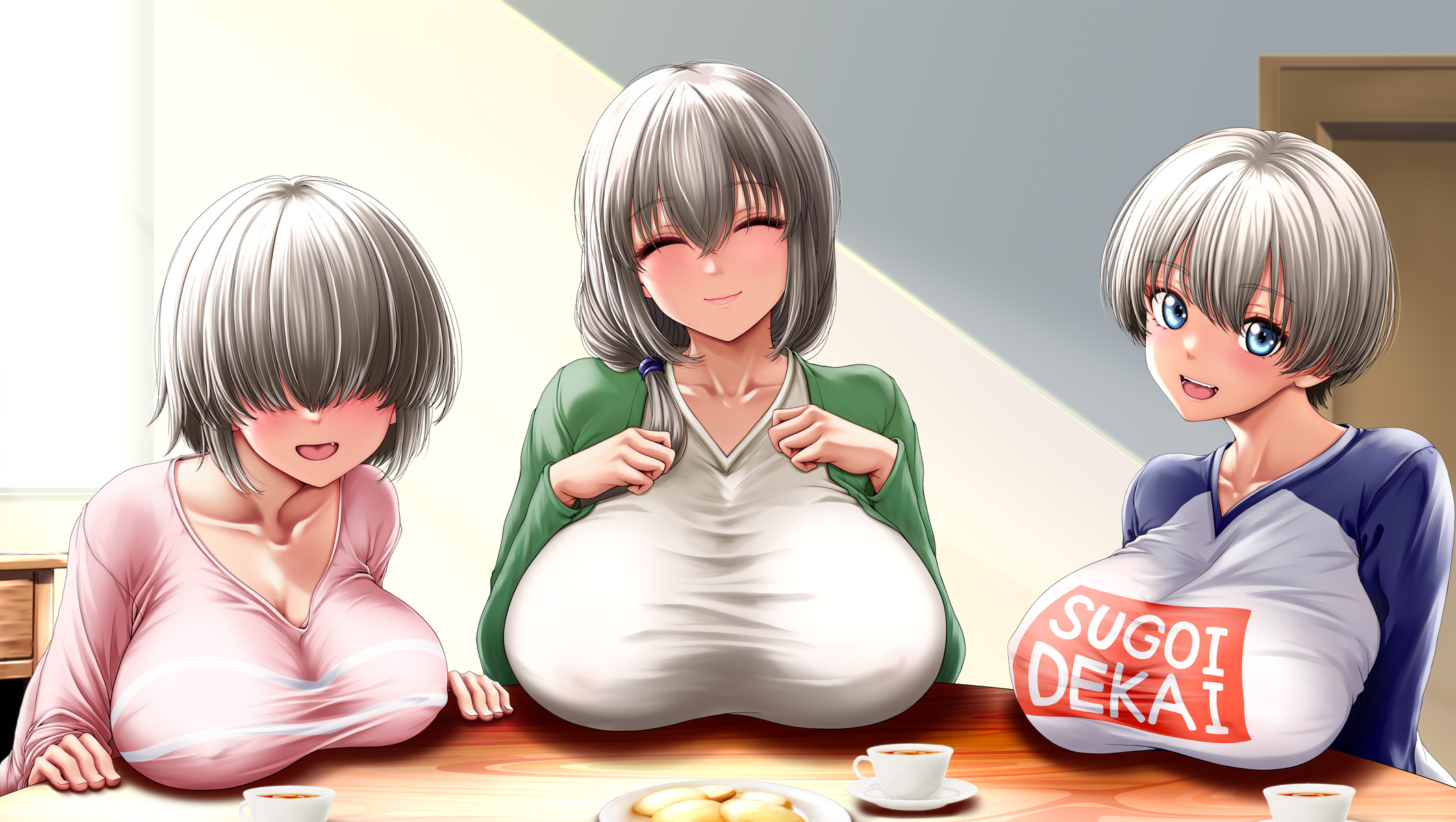 3girls, alternate version available, big breasts, blue eyes, blush, breast focus, breasts, closed eyes, clothing, daughter, female, female only, grey hair, hair, hair over eyes, huge breasts, large breasts, lips, looking at viewer, mature, mature female, milf, mother, mother and daughter, osuzu akiomi, shirt, short hair, smile, submissive pose, topwear, uzaki hana, uzaki tsuki, uzaki yanagi, uzaki-chan wa asobitai!