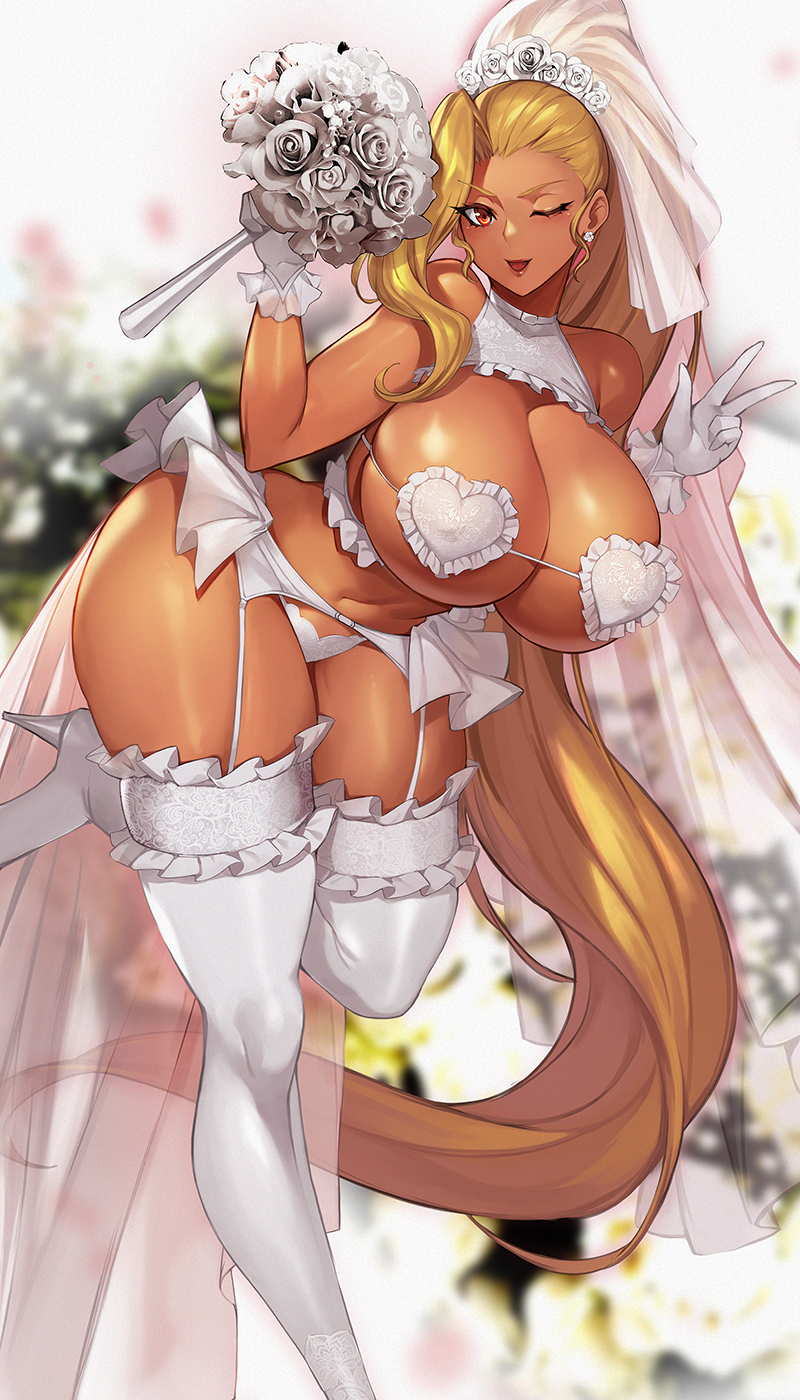 blonde_hair breasts dark-skinned_female dark_skin earrings flowers frills garter_straps gloves gurimjang high_heels huge_breasts navel original ponytail red_eyes skimpy standing_on_one_leg thick_thighs thighhighs very_long_hair wedding_dress wedding_veil wide_hips wink