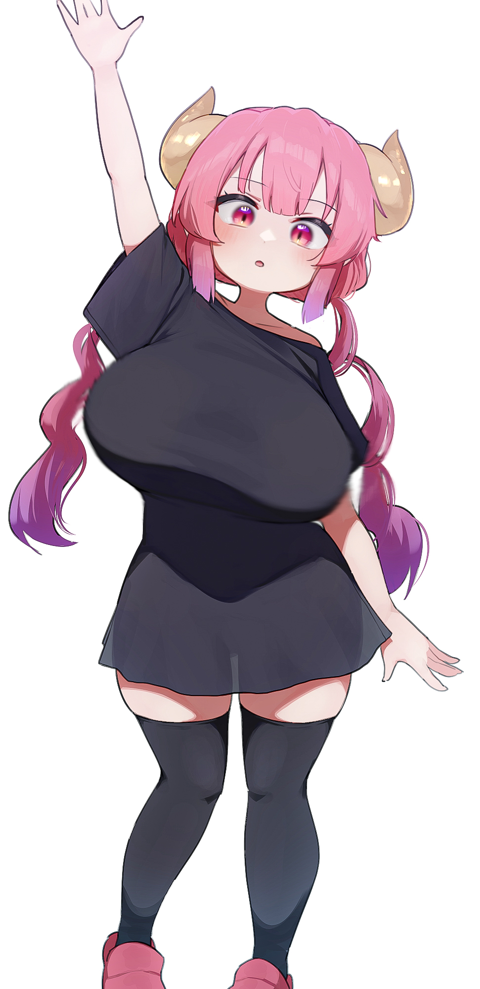 1girls, breasts, clothed, dragon girl, dragon horns, female, full body, hi res, hizake, horns, huge breasts, ilulu (dragon maid), kashu (hizake), light skin, light-skinned female, long hair, massive breasts, miss kobayashi's dragon maid, pink eyes, pink hair, short female, shortstack, simple background, solo, thick thighs