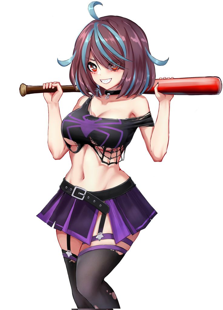 big_breasts collar emikukis holding holding_object multicolored_eyes multicolored_hair owozu purple_clothing red_bat skirt slash-ex smile smiling smiling_at_viewer thighs topwear virtual_youtuber