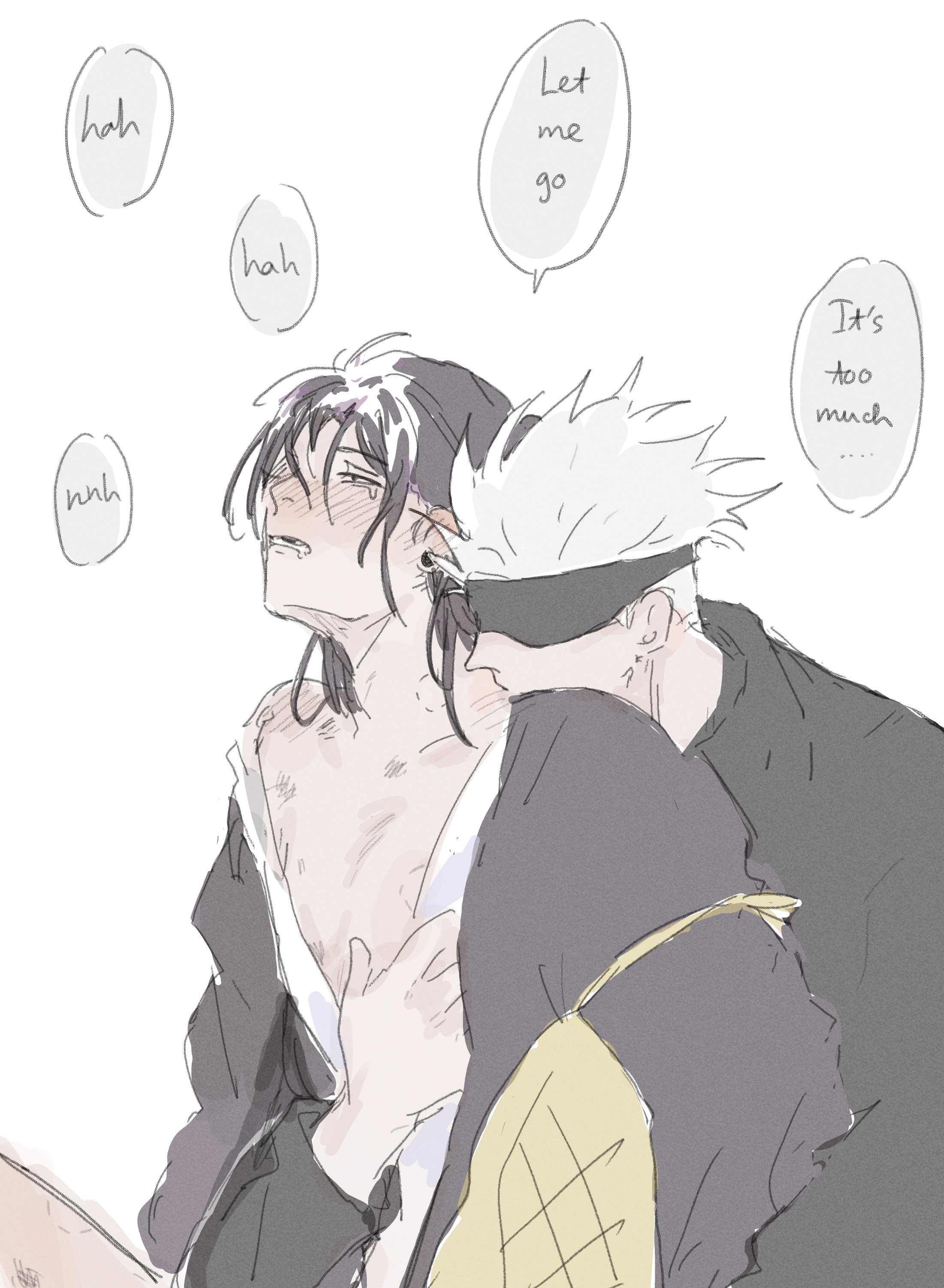 bite marks, clothing, color, erect nipples, jujutsu kaisen, male, male/male, masturbation, masturbation through clothing, nipples, penetration, satoru gojo, suguru geto, white hair, yaoi