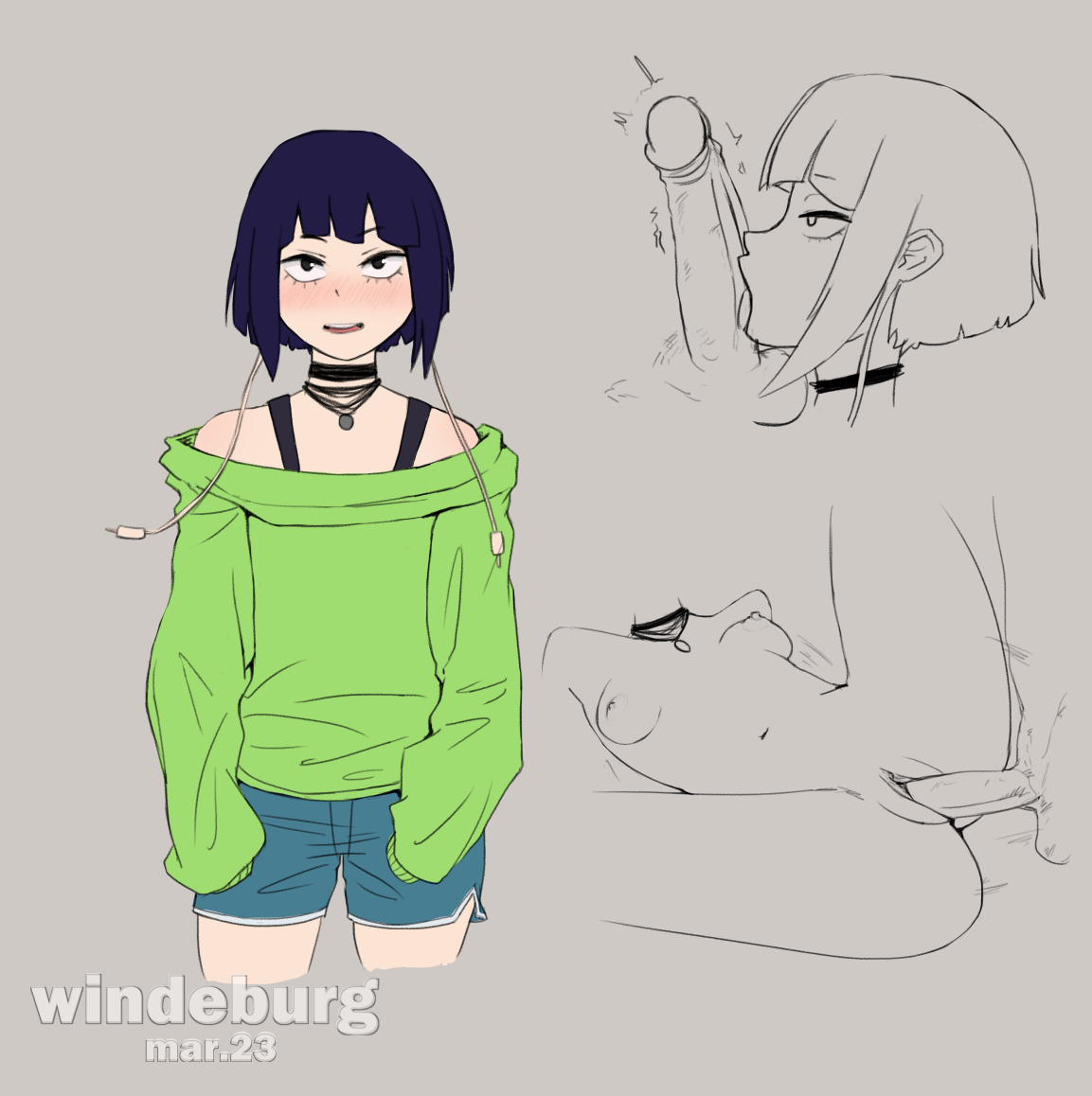 1girls, breasts, fellatio, female, girlfriend, goth girl, green sweater, kyoka jiro, my hero academia, purple hair, pussy, small tits, tagme, vaginal penetration, windeburg