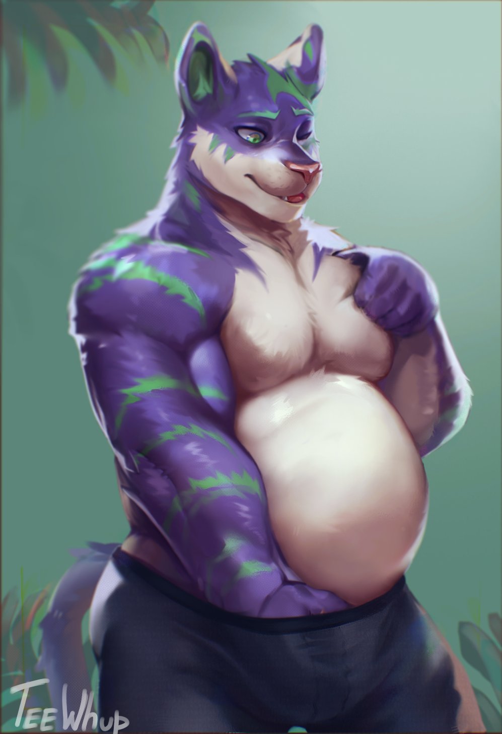 anthro aroused bottomwear chubby_belly clothing coorl domestic_cat felid feline felis hi_res male male/male mammal muscular pants slightly_chubby solo stroking teewhup whupteedoo