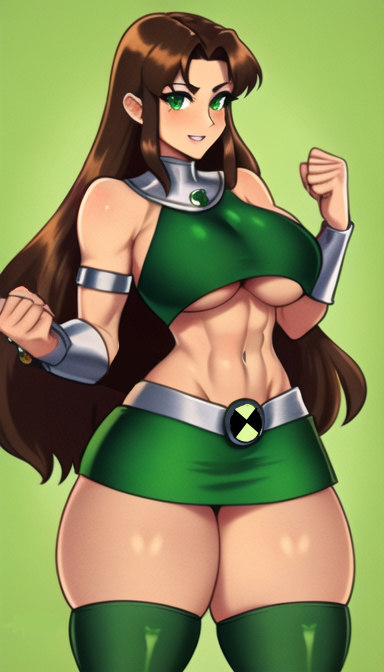 ai_generated ben_10 ben_tennyson benfire big_breasts crop_top dc female female_ben rule_63 skirt starfire teen_titans thick_thighs thighhighs transformation