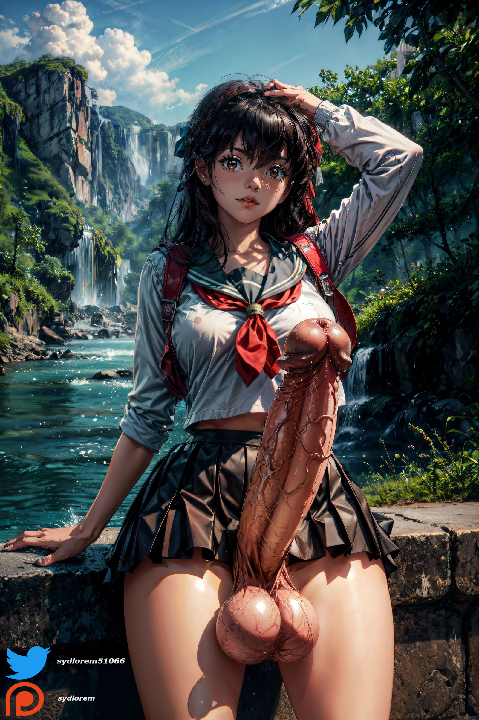 1futa, ai generated, amber eyes, balls, black hair, clothed, erect penis, erection, futa only, futanari, huge balls, huge cock, intersex, inuyasha, kagome higurashi, looking at viewer, penis, river, stable diffusion, sydlorem, urethra, veiny penis, waterfall