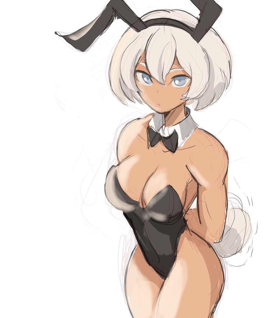 1girls, 2d, bare arms, bare back, bare shoulders, bare thighs, bea (pokemon), big breasts, black bunny ears, black leotard, bow tie, bowtie, breasts, brown skin, brown-skinned female, bunny ears, bunny girl, bunny tail, bunnysuit, cleavage, dark skin, dark-skinned female, female, grey eyes, grey hair, human, leotard, pokemon, pokemon ss, rakeemspoon, short hair, solo, thick thighs, white hair, white-haired female