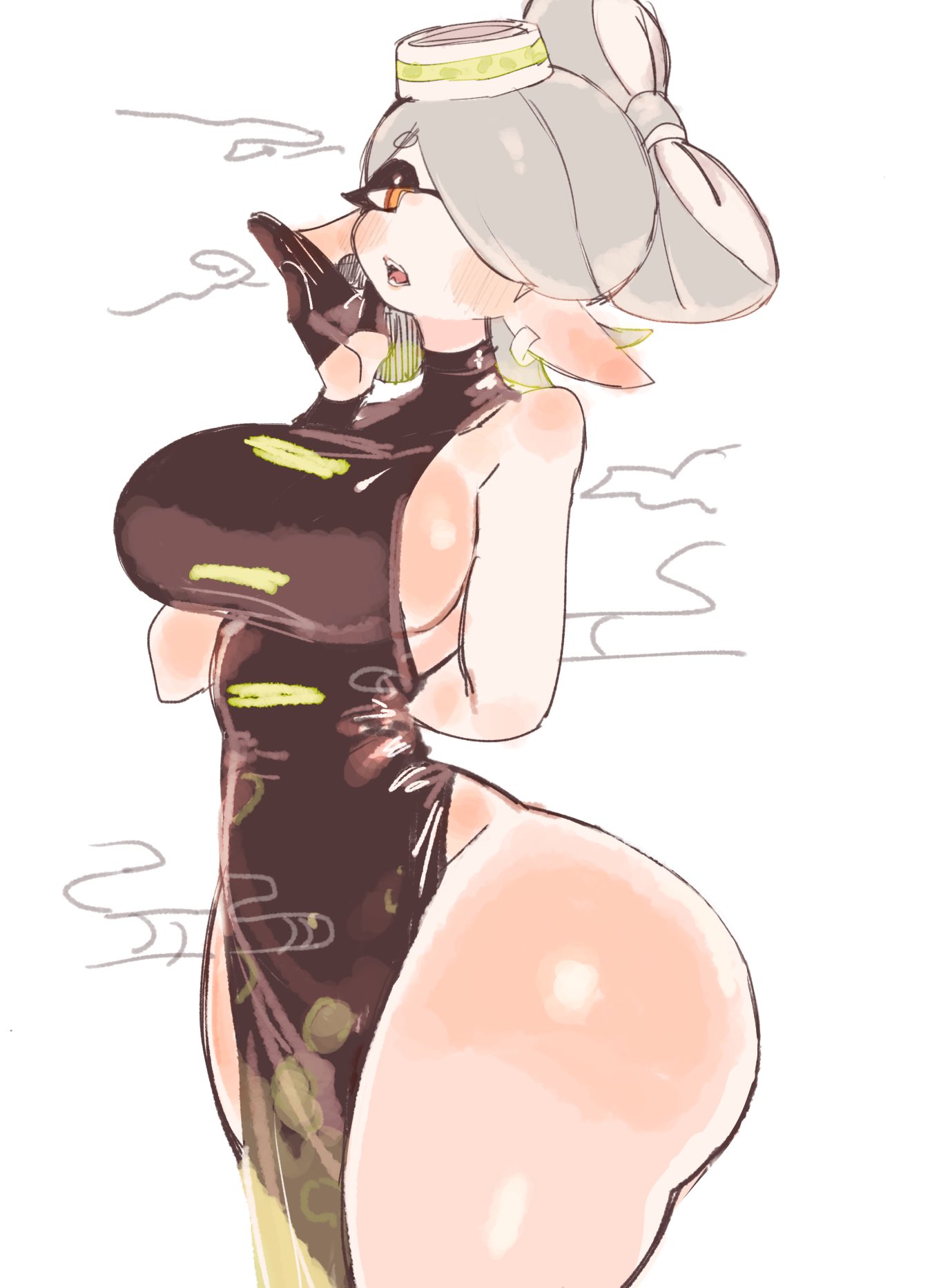 ass, ass hanging out, big ass, big breasts, blank background, blush, blush lines, blushing at viewer, breasts, clothing, female, huge ass, huge breasts, huge butt, large ass, large butt, looking at viewer, marie (splatoon), nintendo, plain background, short hair, short-haired female, small waist, solo, splatoon, thick, thick ass, thick hips, thick legs, thick thighs, tied hair, usa37107692, white background
