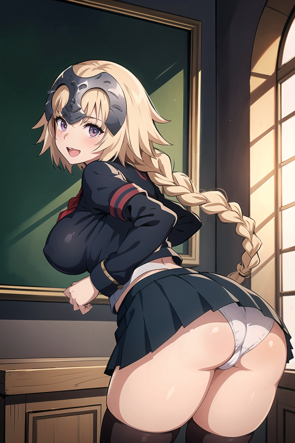 ai generated, ass, blush, fate (series), fate/apocrypha, female, headpiece, jeanne d'arc (fate), jeanne d'arc (fate) (all), long hair, long sleeves, looking at viewer, looking back, open mouth, panties, pleated skirt, purple eyes, school uniform, single braid, skirt, smile, solo, stable diffusion, underwear, white panties