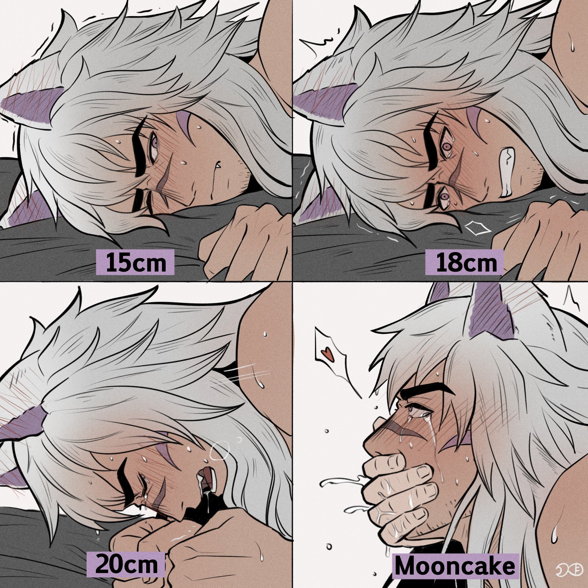 animal ears, aphelios, bara, blush, doodlefish75, drooling, gay, league of legends, male, male only, mouth hold, oerba yun fang, pleasure face, scar, sett, size comparison, small dom big sub, spirit blossom aphelios, spirit blossom series, spirit blossom sett, trembling, yaoi