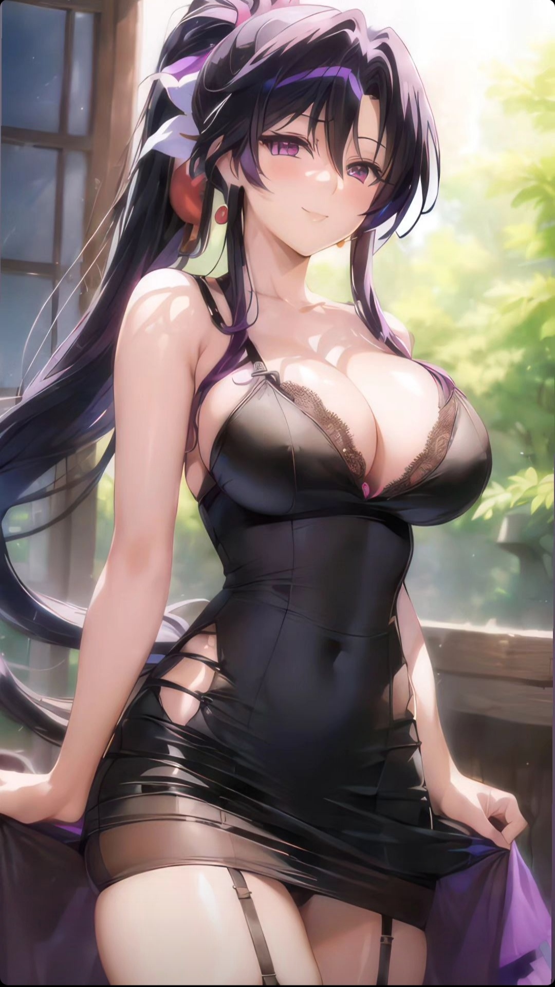 ai generated, akeno himejima, alluring, big breasts, breasts, female, high school dxd, plump, ponytail, purple hair, thick