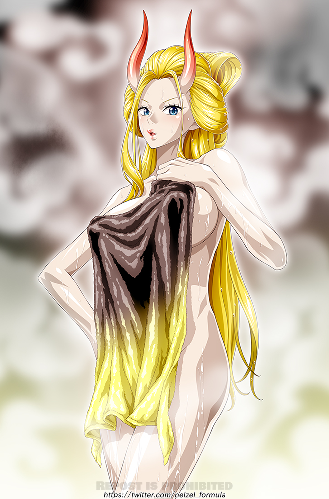 beast_pirates big_breasts black_maria blonde_hair blue_eyes breasts female female_only giantess horn horns large_breasts nel-zel_formula one_piece towel wano_country wet