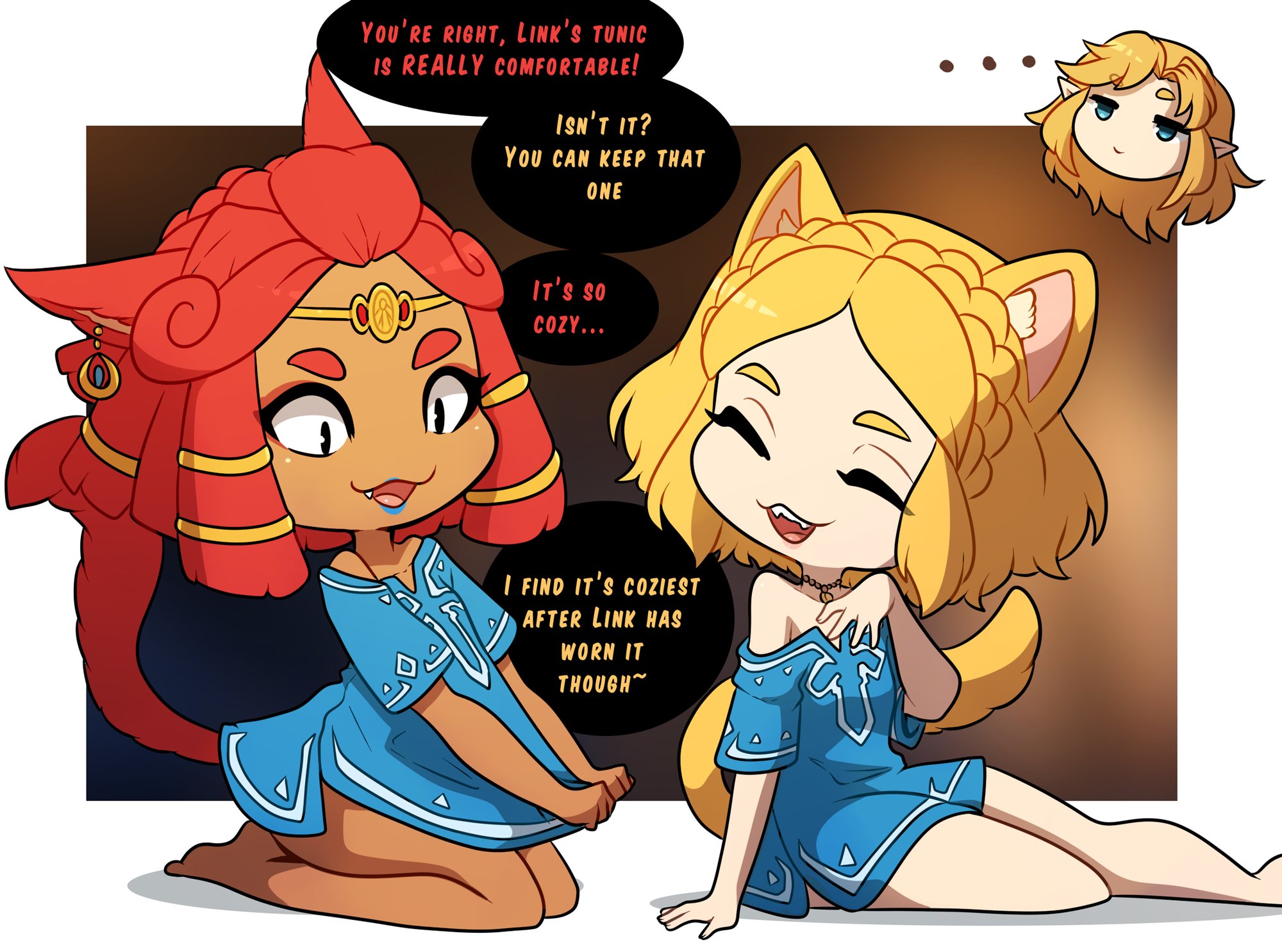 ..., 1boy, 2girls, blonde hair, boyfriends shirt, champion's tunic, cute, dark skin, dark-skinned female, english text, female, gerudo, hylian, kinkymation, link, link (tears of the kingdom), male, naked shirt, princess zelda, riju, shirt, tears of the kingdom, text, the legend of zelda, tunic, tunic only, wearing partner's clothes, wholesome, zelda (tears of the kingdom)