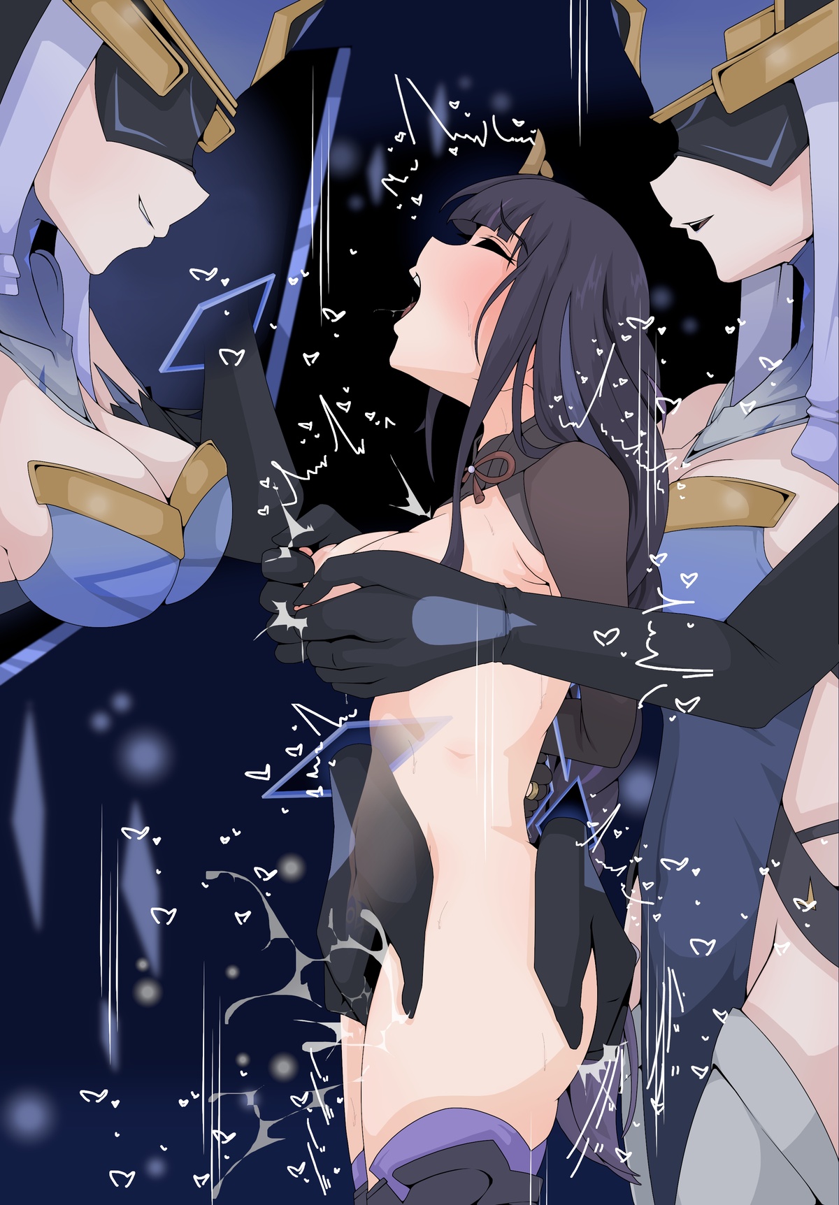 3girls, ass, ass grab, blush, bondage, breast grab, breasts, defeated, fatui, fatui mirror maiden (genshin impact), female, fingering, forced, genshin impact, humiliation, multiple females, multiple girls, open mouth, raiden shogun, restrained, squirting, threesome, ttptt, yuri