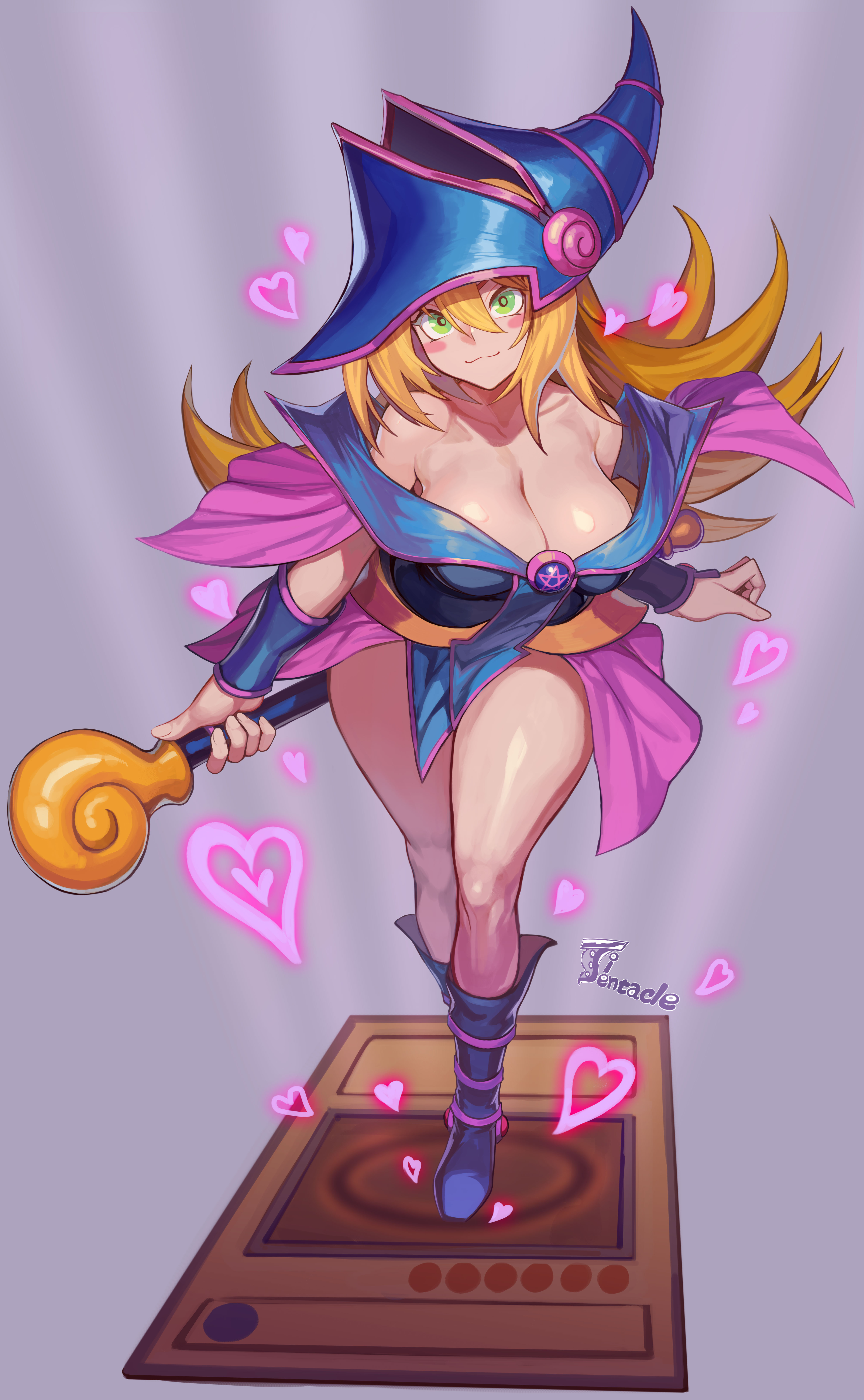 1girls, blonde hair, blush, breasts, card, clothing, dark magician girl, duel monster, female, green eyes, huge breasts, solo, titatuem, yu-gi-oh!