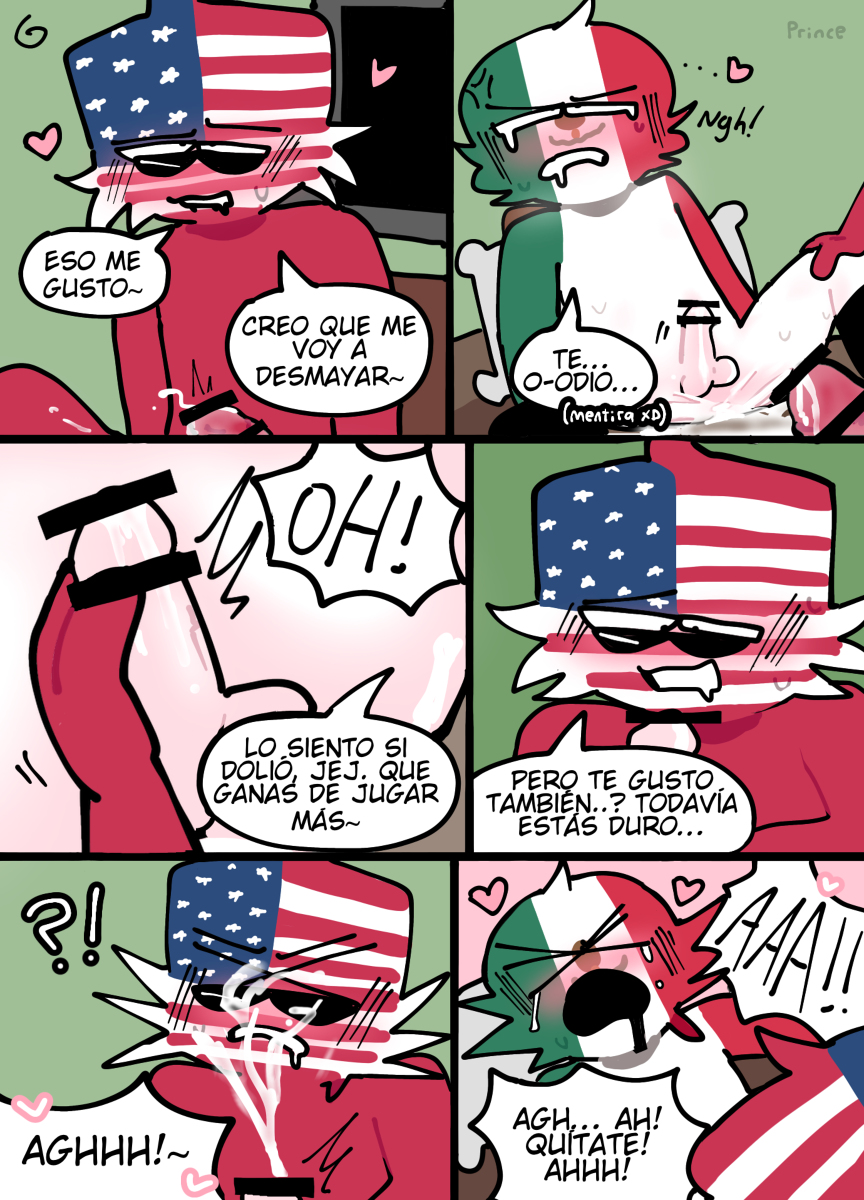 2boys blush comic countryhumans gay male male_only mexico_(countryhumans) red_body red_skin spanish_text text united_states_of_america_(countryhumans) yaoi