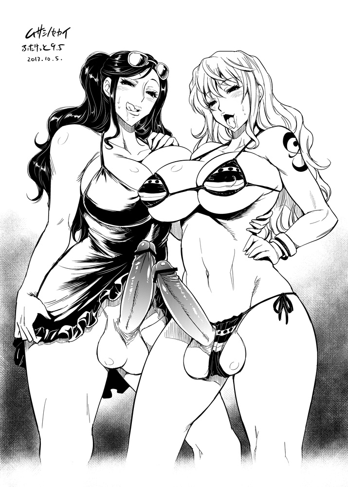 2futas, balls, balls in panties, bikini, black and white, blush, breasts, busty, censored, cleavage, clothing, dickgirl, dress, dress lift, erect nipples, erection, futa on futa, futa only, futa with futa, futanari, hand on hip, human, intersex, large breasts, large penis, licking lips, long hair, monochrome, musashino sekai, nami (one piece), navel, nico robin, nipples, no panties, one piece, open mouth, panties aside, penis, post-timeskip, standing, tattoo, testicles, tongue, tongue out, voluptuous