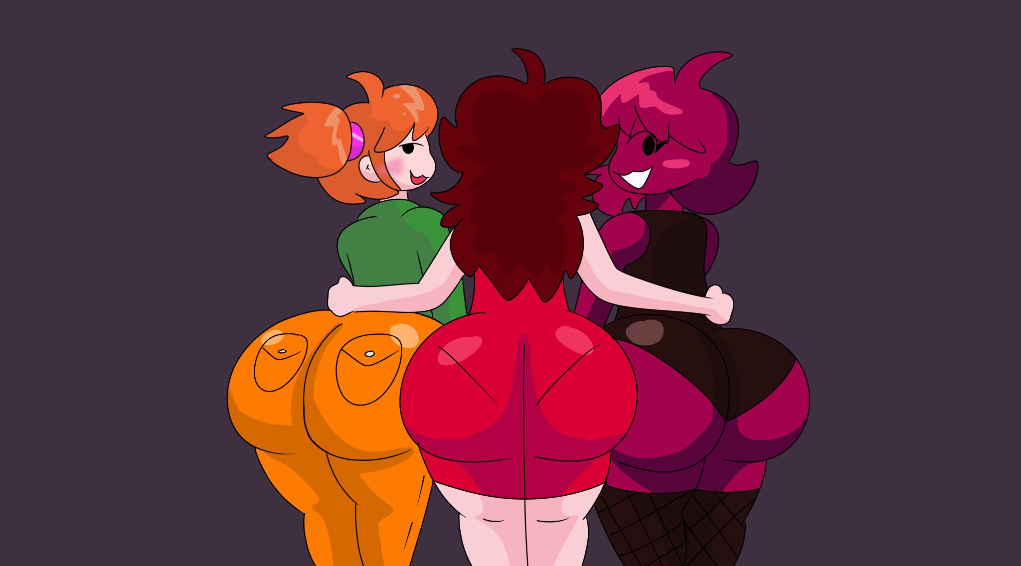 :3, 3girls, ass, big ass, brappycatty, d-side girlfriend, female, female only, friday night funkin, friday night funkin mod, ginger, girlfriend (friday night funkin), minus gf (iagoanims), multiple females, multiple girls, red dress, red hair, red skin, smile, sunniefunnie, twintails