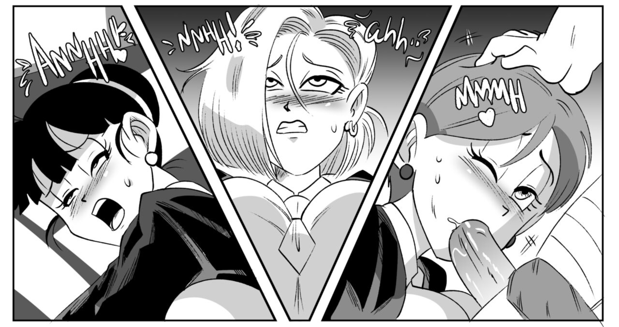 3girls, android 18, black and white, blush, bulma briefs, bulma briefs (beginnings of dragon ball z), chichi, comic, dragon ball, dragon ball super, dragon ball z, ear piercing, fellatio, female, funsexydragonball, male, monochrome, one eye closed, penis, saiyan, sex, short hair, sucking penis, sweat, sweatdrop