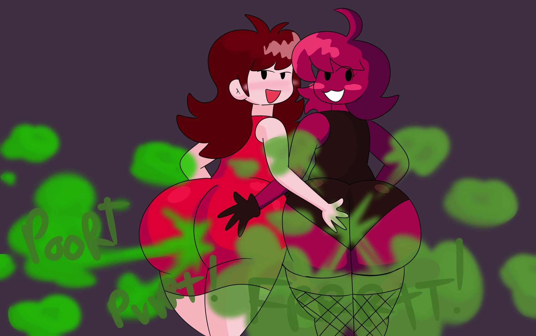 2girls, ass, brappycatty, dress, fart, fart cloud, fart fetish, female, female only, friday night funkin, friday night funkin mod, girlfriend (friday night funkin), hand on ass, hand on butt, minus gf (iagoanims), multiple females, multiple girls, red dress, red hair, red skin, sunniefunnie