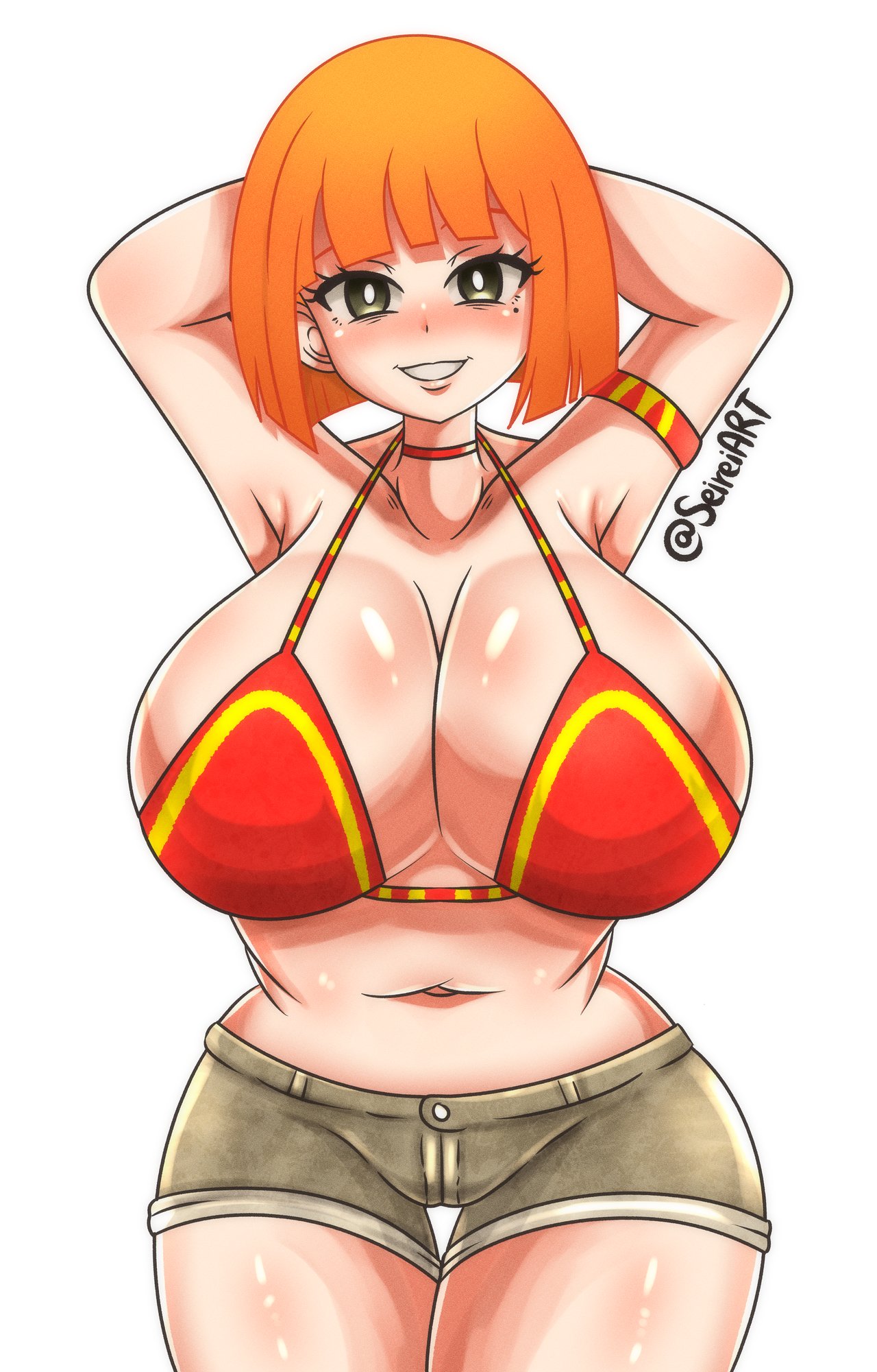 1girls, advertisement, alternate breast size, arms behind head, ass, big breasts, bikini top, breasts, curvy, curvy female, female, ginger, ginger hair, hands behind head, huge breasts, light skin, light-skinned female, mcdonald's, milf, mole, mole under eye, mom (japanese mcdonald's commercial), mother, orange hair, seireiart, shorts, solo, solo female, thick ass, thighs, watermark, white background, yoru mac