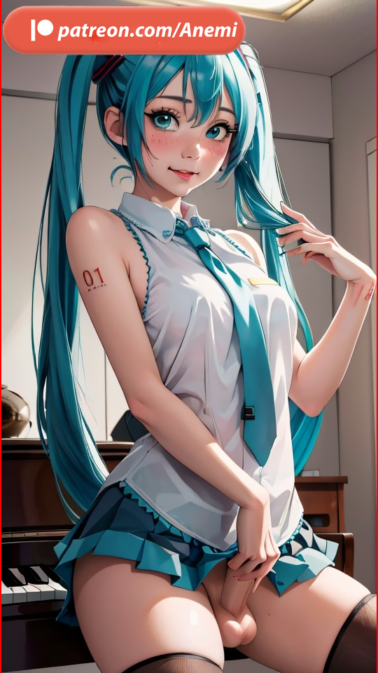 3d ai_generated anemi blue_eyes blue_hair cock female futanari hatsune_miku penis vocaloid