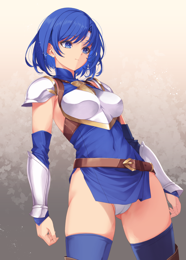 1girls armor armpits ass ass_visible_through_thighs bare_thighs blue_eyes blue_hair boots breasts brown_footwear cameltoe catria_(fire_emblem) covered_navel detached_sleeves female female_only fire_emblem fire_emblem:_mystery_of_the_emblem fire_emblem:_shadow_dragon_and_the_blade_of_light frown fully_clothed gradient_background headband kirishima_satoshi knight medium_breasts nintendo panties pantyshot pantyshot_(standing) partially_visible_vulva pegasus_knight_uniform_(fire_emblem) revealing_clothes short_hair side_slit simple_background sleeveless solo stockings thigh_boots thighhighs thighhighs_under_boots thighs underwear upskirt white_background white_headband white_panties