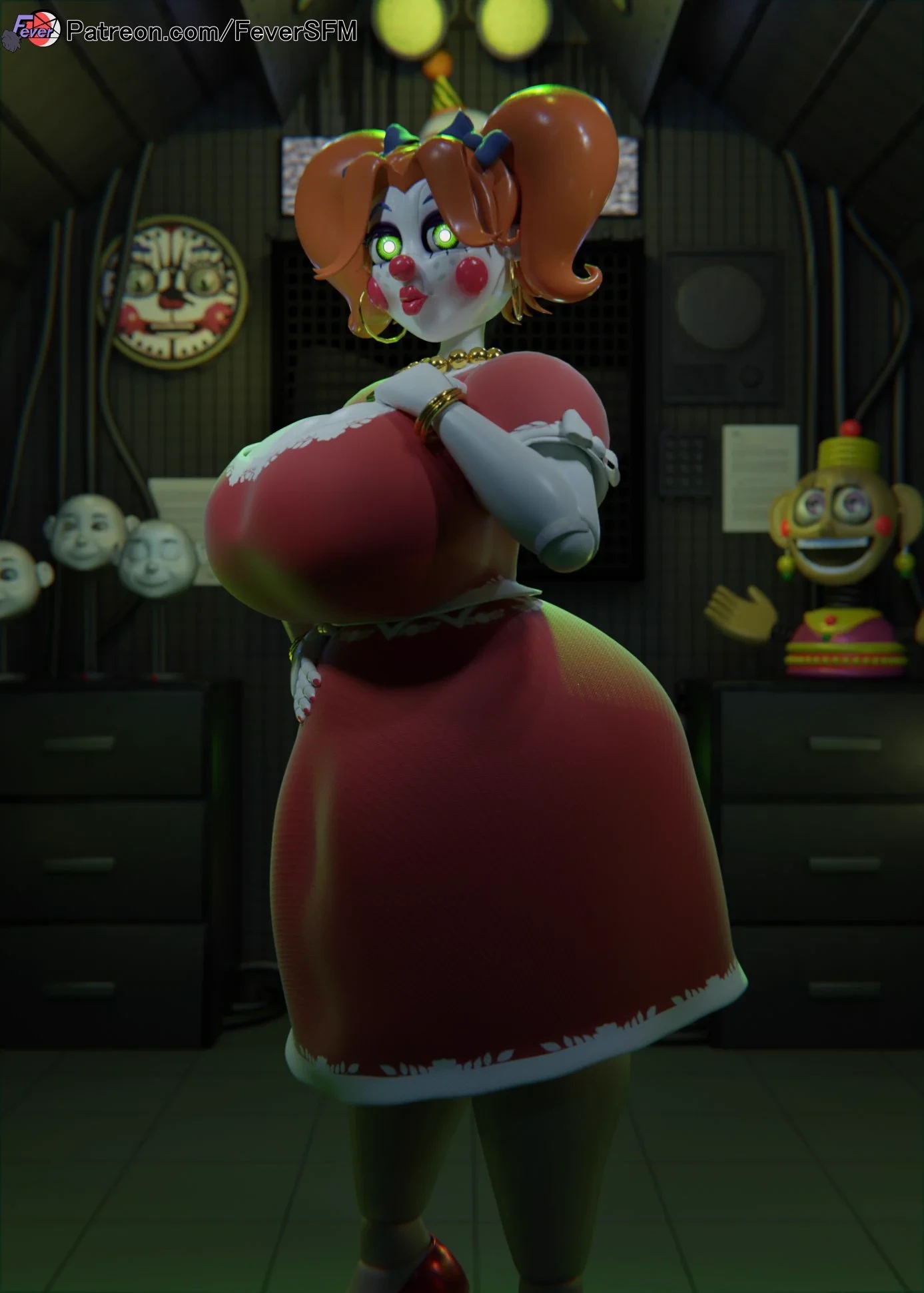 1futa, 3d, anthony blender, baby (fnafsl), big breasts, breasts, circus baby, circus baby (fnaf), circus mommy, circus mommy 2.0 (anthony blender), cleavage, dress, earrings, feversfm, five nights at freddy's, five nights at freddy's: sister location, fnaf, freckles, futa only, futanari, green eyes, hand on hip, huge breasts, intersex, large breasts, lipstick, looking at viewer, looking back, necklace, orange hair, penis, penis under clothes, ponytails, scottgames, sister location, solo, white body, white panties, wide hips