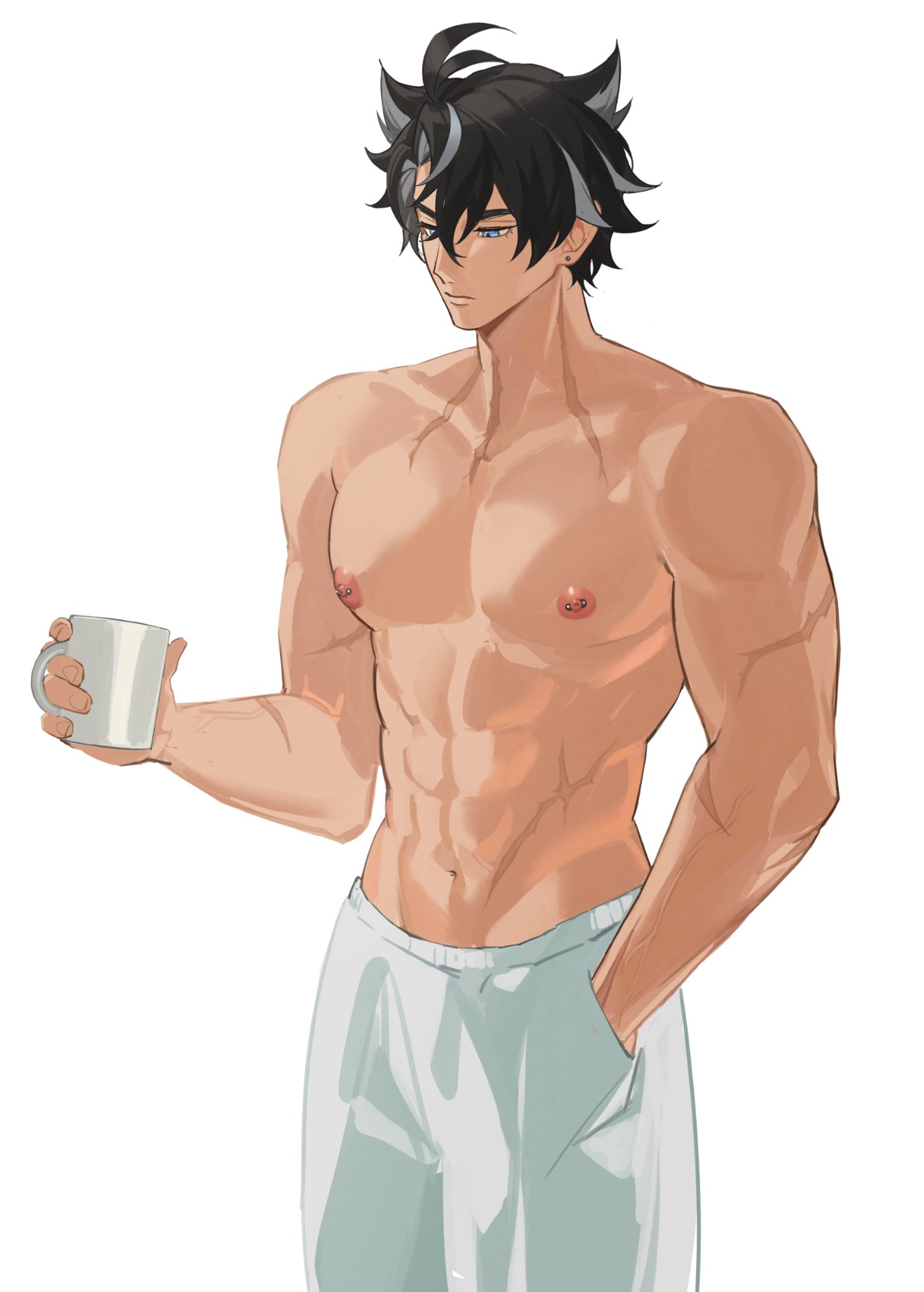 1boy, abs, biceps, black hair, blue eyes, coffee, collarbone, gajyago, genshin impact, male, male only, muscular, muscular male, nipple piercing, nipples, pants, pecs, pierced nipples, piercing, piercings, scars, solo, topless male, waist, wriothesley (genshin impact)