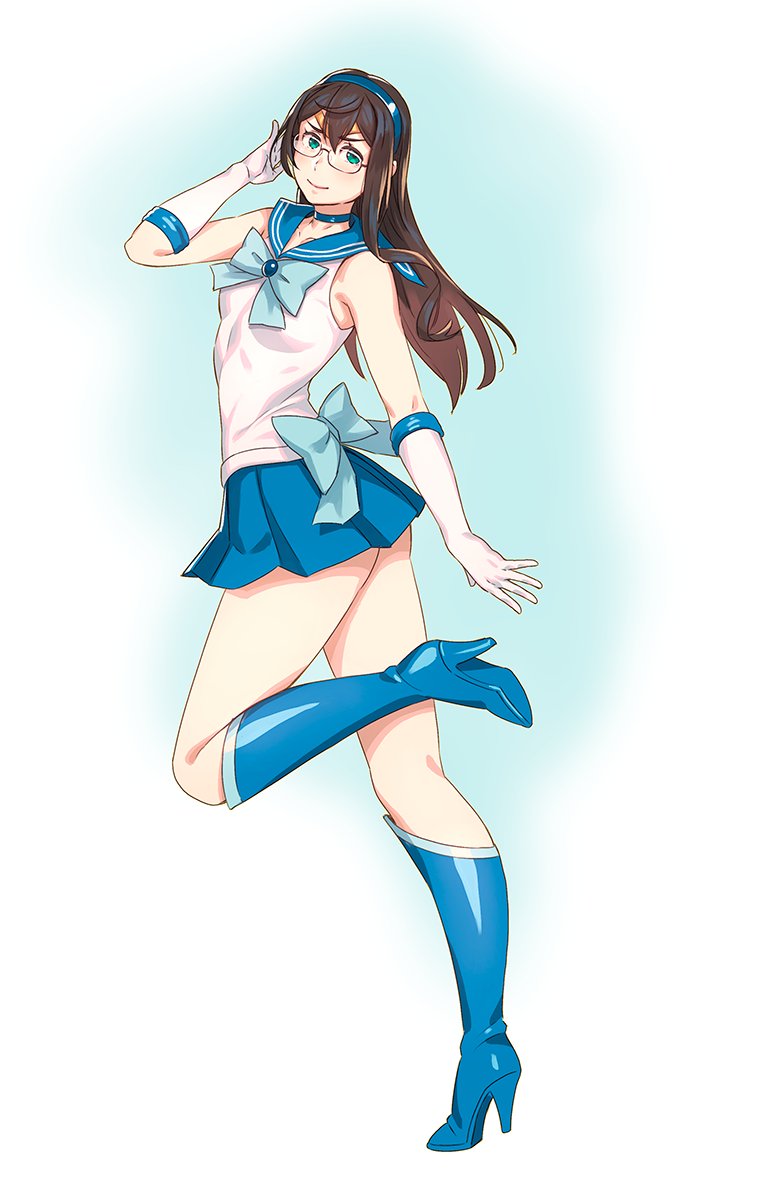 1girls alternate_costume bishoujo_senshi_sailor_moon black_hair blue_bow blue_bowtie blue_footwear blue_sailor_collar blush boots bow bowtie breasts choker clothing cosplay elbow_gloves female female_only full_body glasses gloves green_eyes hairband high_heel_boots high_heels highres kantai_collection knee_boots leg_up long_hair magical_girl ooyodo_(kantai_collection) sailor_mercury_(cosplay) sailor_senshi_uniform simple_background skirt sleeveless smile solo standing white_gloves yuuji_(and)