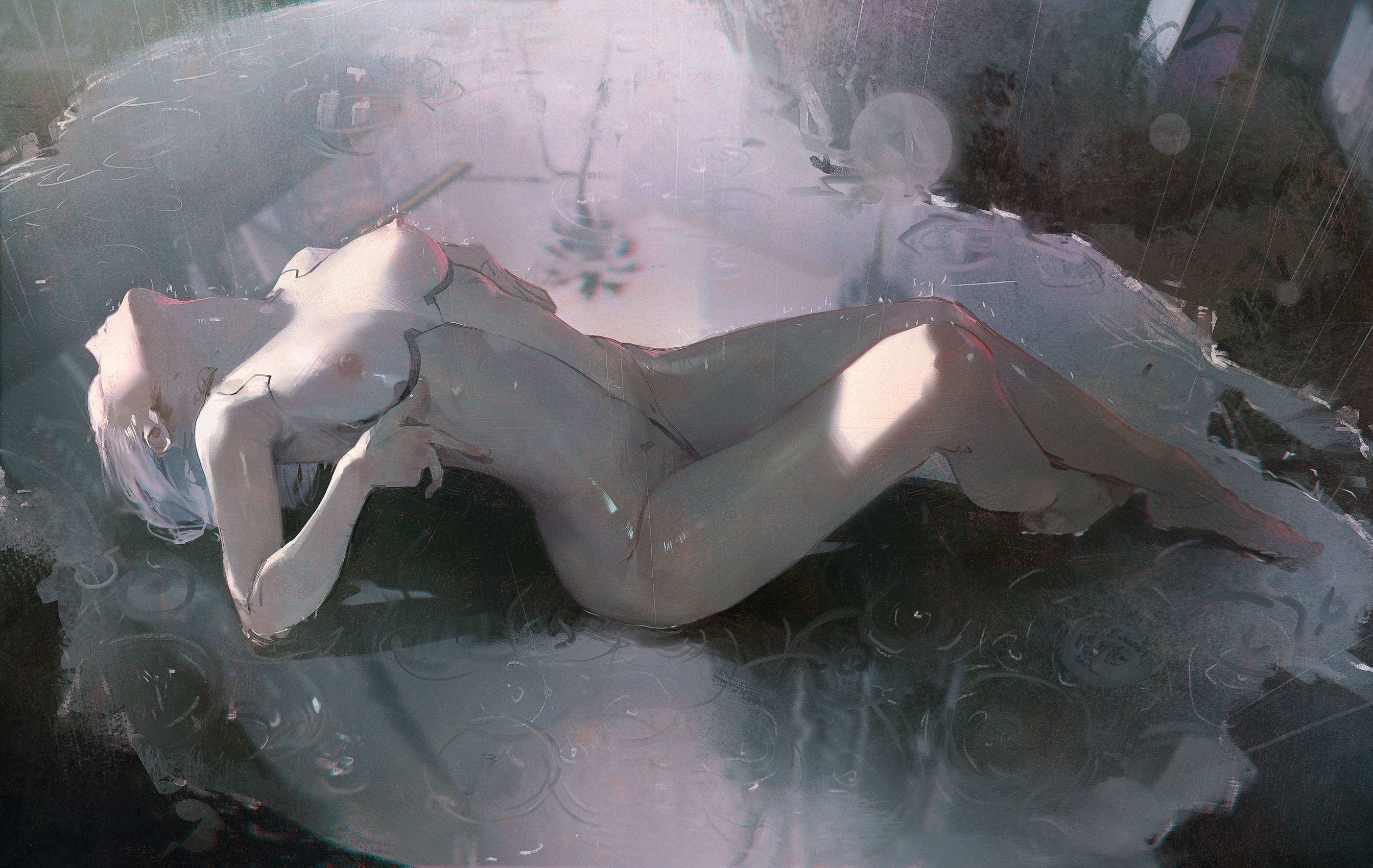 1girls, artistic nude, asian, asian female, breasts, cybernetics, cyberpunk 2077, cyberpunk: edgerunners, dino illus, female, lucyna kushinada, lying on ground, medium breasts, multicolored hair, nude, painting (artwork), rain, slim, tasteful nudity