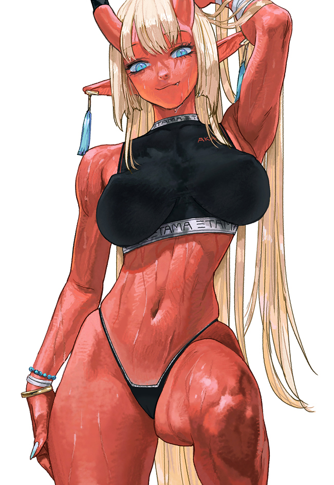 arm_behind_head black_panties blue_eyes bracelet breasts colored_skin crop_top demon demon_girl demon_horns devil devil_girl devil_horns earrings etama_quomo fang_out female horns jewelry long_hair navel oerba_yun_fang oni_horns original panties pointy_ears red_skin simple_background smile solo sweat thong underwear white_background