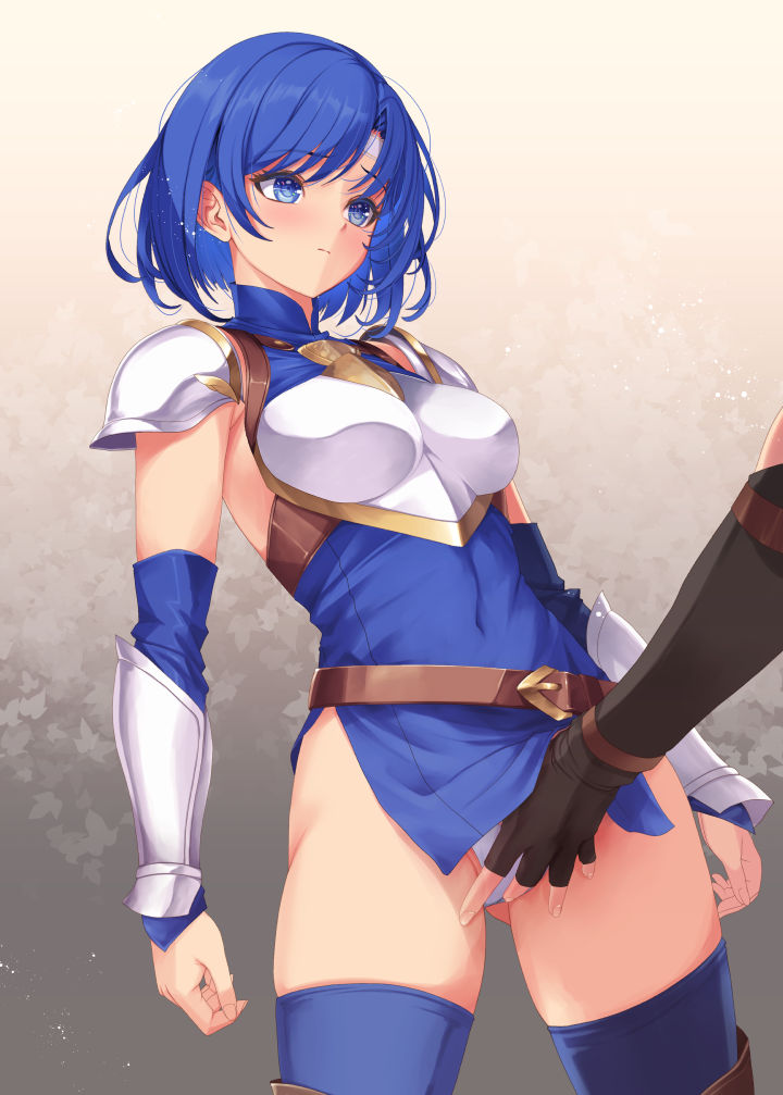 1boy 1girls 1other armor armpits ass ass_visible_through_thighs bare_thighs black_gloves blue_eyes blue_hair blush boots breasts brown_footwear cameltoe catria_(fire_emblem) covered_navel detached_sleeves elbow_gloves female female_focus fingering fingerless_gloves fire_emblem fire_emblem:_mystery_of_the_emblem fire_emblem:_shadow_dragon_and_the_blade_of_light frown fully_clothed gloves gradient_background groping headband kirishima_satoshi knight male medium_breasts molestation nintendo panties pantyshot pantyshot_(standing) partially_visible_vulva pegasus_knight_uniform_(fire_emblem) revealing_clothes rubbing_pussy short_hair side_slit simple_background sleeveless solo_focus stockings thigh_boots thighhighs thighhighs_under_boots thighs underwear upskirt white_background white_headband white_panties