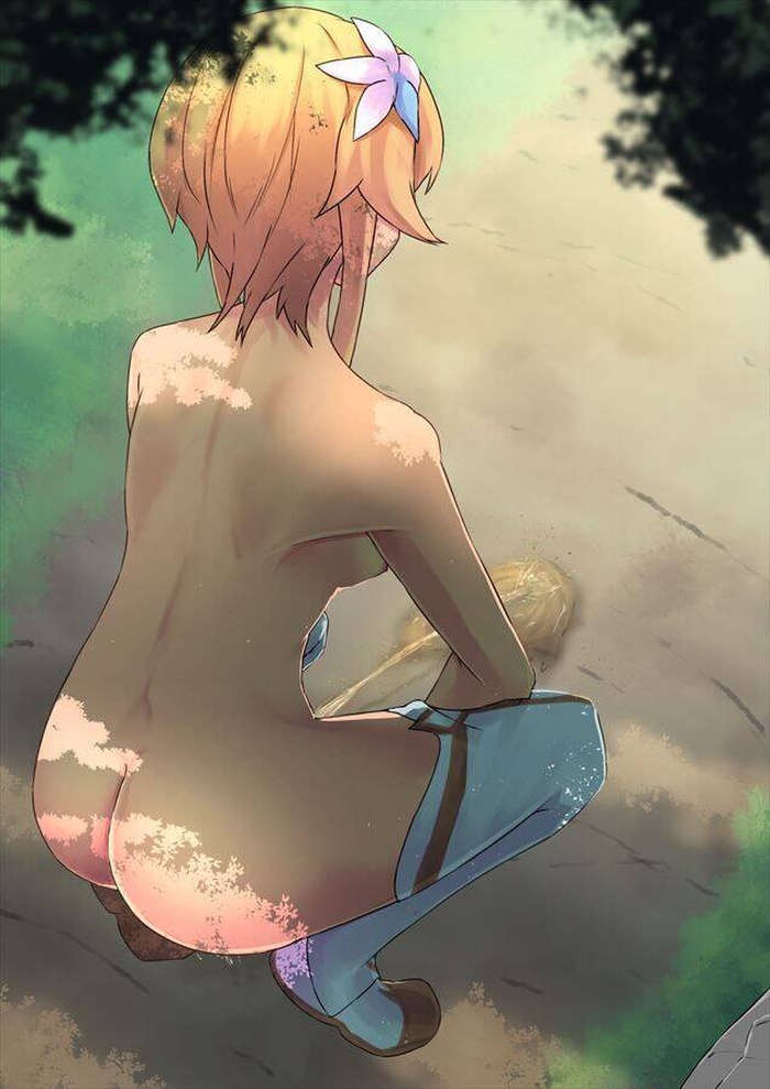 ass, breasts, female, female only, genshin impact, lumine (genshin impact), nude, nude female, peeing, sideboob, solo, squatting, urine