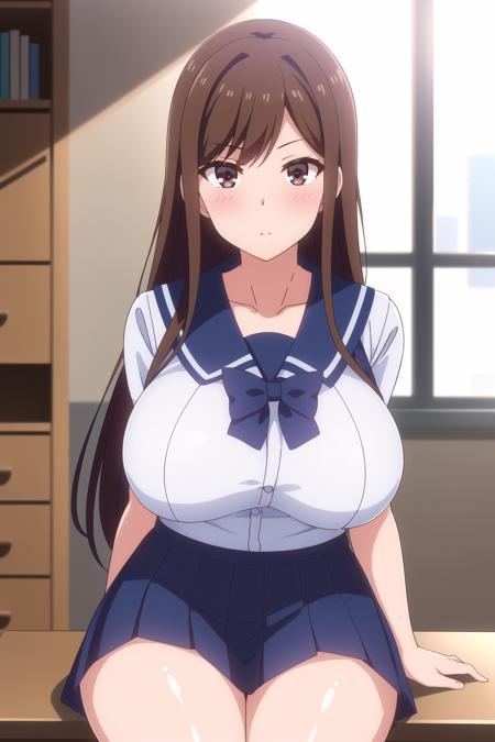 ai generated, big breasts, breasts, brown eyes, brown hair, female, gigantic breasts, overflow (series), school uniform, shirakawa ayane, uniform
