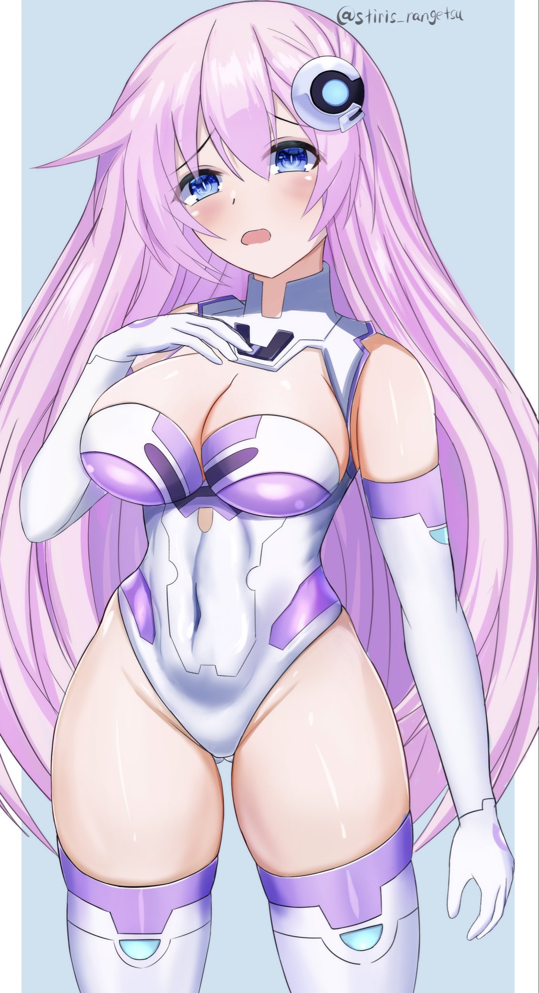 1girls 2023 bare_shoulders big_breasts blue_eyes blush breasts busty child_bearing_hips compile_heart covered_navel curvy elbow_gloves female female_only fully_clothed gloves hair_between_eyes highres idea_factory large_breasts leotard long_hair looking_at_viewer nepgear neptunia_(series) pink_hair power_symbol purple_hair purple_sister revealing_clothes skin_tight skindentation solo stiris_rangetsu symbol-shaped_pupils thick_thighs thighs tight_clothing very_long_hair white_gloves white_leotard