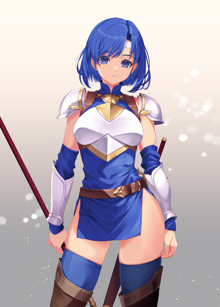 1girls :o armor bare_thighs blue_eyes blue_hair boots brown_footwear catria_(fire_emblem) commentary_request detached_sleeves female female female_only fire_emblem fire_emblem:_mystery_of_the_emblem fire_emblem:_shadow_dragon_and_the_blade_of_light gradient_background headband holding holding_polearm holding_weapon kirishima_satoshi knight looking_at_viewer nintendo partial_commentary pegasus_knight_uniform_(fire_emblem) polearm short_hair side_slit simple_background solo thigh_boots thighhighs thighhighs_under_boots thighs weapon white_background white_headband zettai_ryouiki