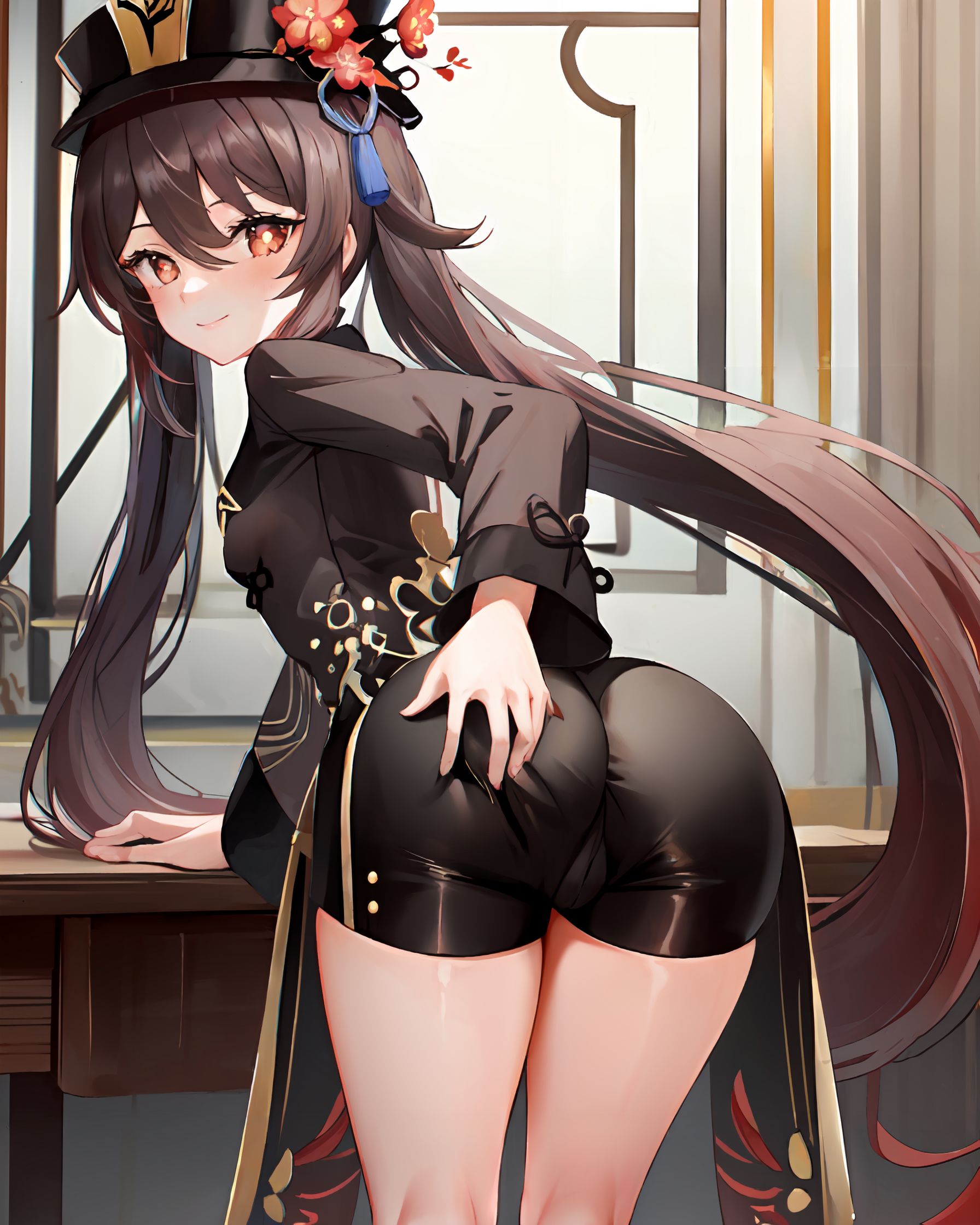 ai generated, ass, ass grab, black shorts, blush, breasts, cameltoe, chinese clothes, coattails, come hither, deep skin, female, from behind, genshin impact, hat, hat ornament, hu tao (genshin impact), leaning, leaning forward, long hair, looking at viewer, looking back, medium breasts, pussy, red eyes, shiny, shiny clothes, shiny hair, shiny skin, short shorts, shorts, sideboob, smile, solo, twintails, very long hair