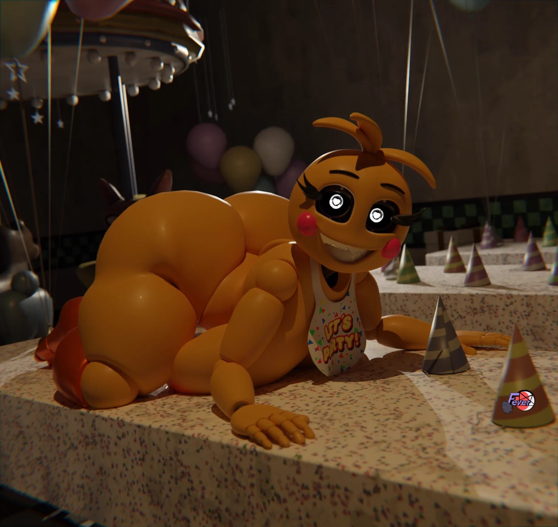 1girls, 3d, animatronic, ass, bib, big ass, big breasts, breasts, bubble ass, bubble butt, eyebrows, eyebrows visible through hair, eyelashes, fat ass, female, female only, feversfm, five nights at freddy's, five nights at freddy's 2, functionally nude, heart-shaped pupils, huge ass, huge breasts, joints, large ass, large breasts, looking at viewer, robot, robot girl, sharp teeth, smile, solo, solo female, solo focus, thick thighs, thighs, toy chica (fnaf), toy chica (love taste), white eyes, wings, yellow body, yellow skin