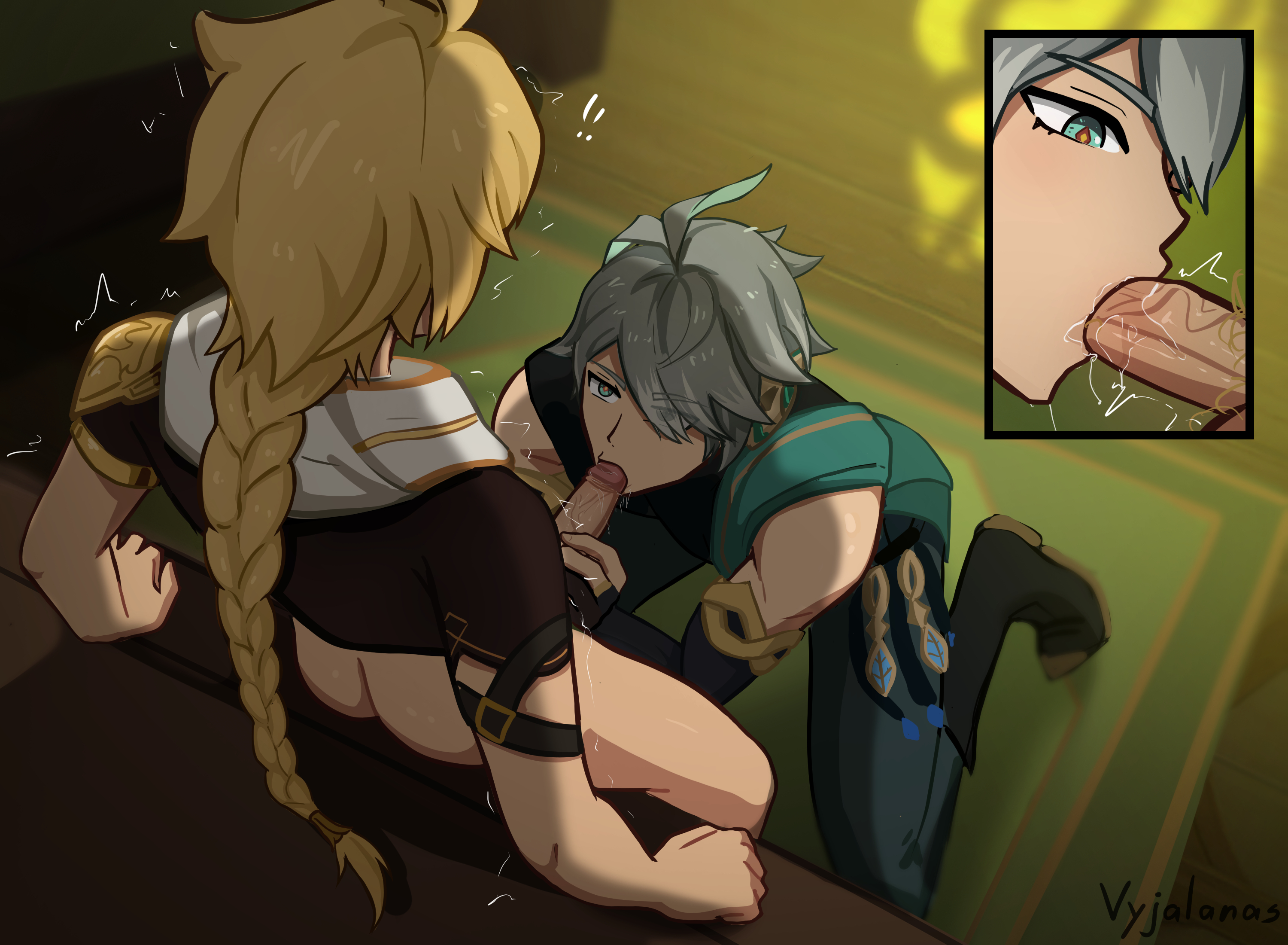2boys, aether (genshin impact), alhaitham (genshin impact), big penis, blowjob, erect penis, erection, fellatio, femboy, femboy on male, femboydom, gay, gay sex, genshin impact, huge cock, kneeling, large penis, male, male only, male sucking femboy, oral, oral penetration, oral sex, penis, vyjalanas, yaoi